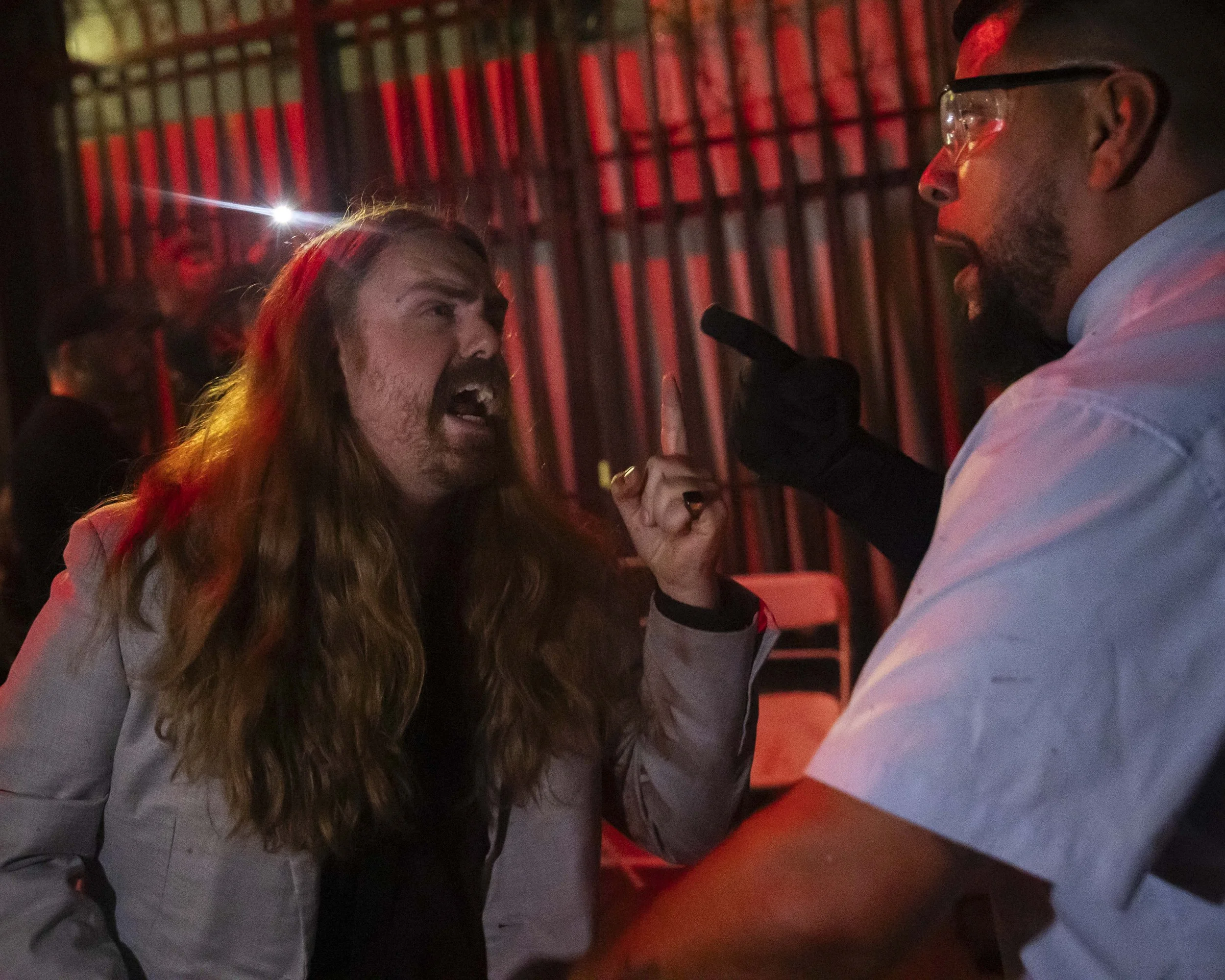  Bloodfighting manager Steven Jury (L) screams at referee Mike Valencia (R) claiming his poor officiating resulted in blood getting on his suit during a deathmatch inside the LA Church in Los Angeles on Saturday, May 16, 2026. (Kayjel J. Mairena | Th