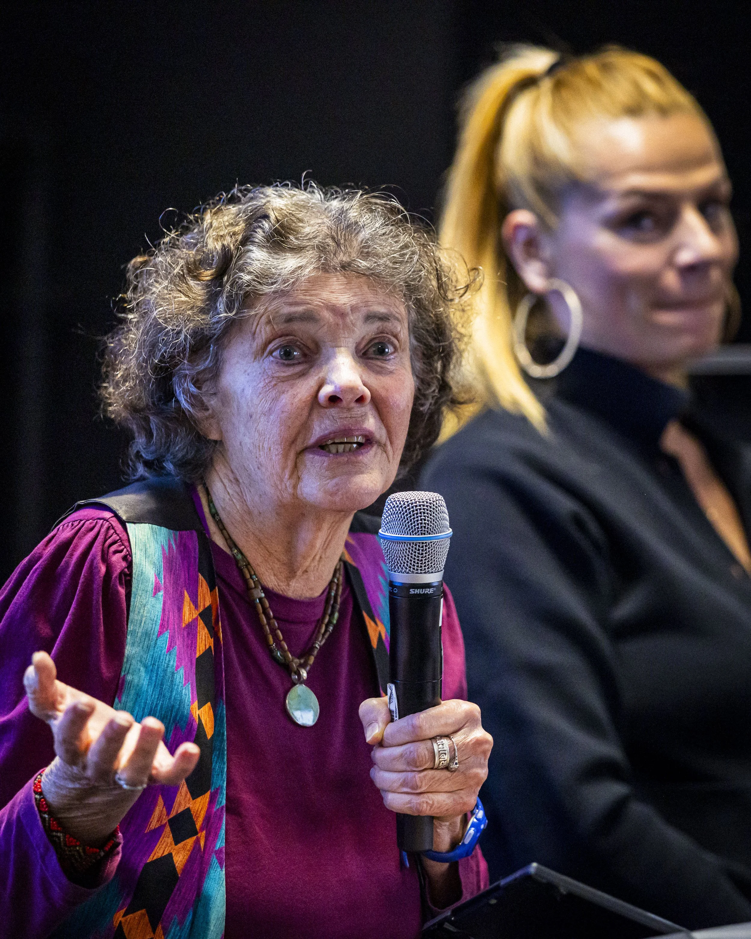  Santa Monica College (SMC) Professor and filmmaker Sheila Laffey (L) and Director of the Ethos Film Awards Anabelle Munro (R) introduce the screenings at “Earth Day at Emeritus” in the Auditorium at SMC's Emeritus Campus on Wednesday, April 22, 2026