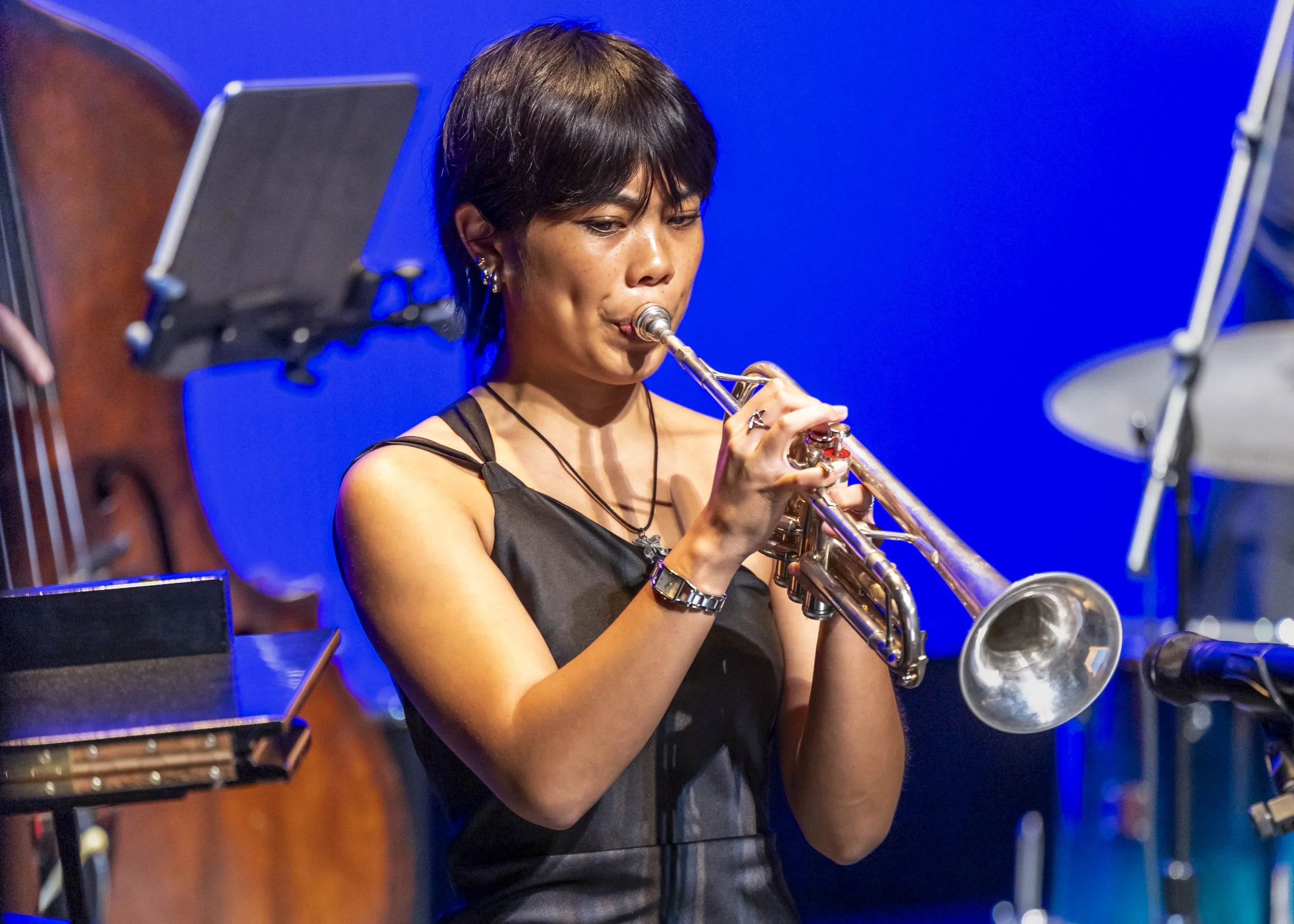  Té a  Lucasan plays the trumpet during the Vocal Jazz Ensembles concert at  Broad Stage, Santa Monica College Performing Arts Center, in Santa Monica, on Friday, May 15, 2026. (Masie Najafi | The Corsair) 