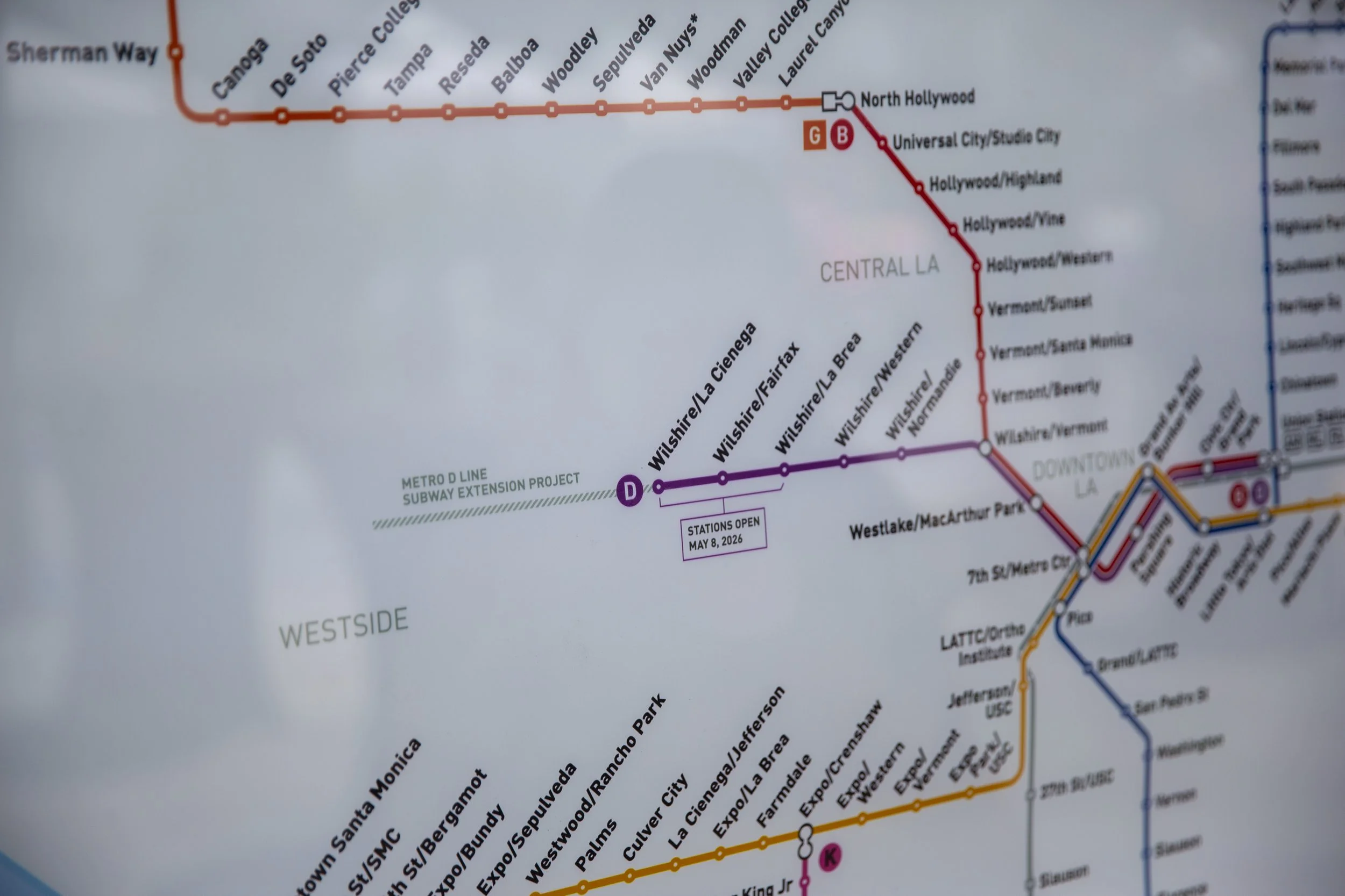  A Metro rail map shows the newly opened Wilshire/La Brea, Wilshire/Fairfax and Wilshire/La Cienega stations during the opening of Metro’s D Line Extension Section 1 in Los Angeles on Friday, May 8, 2026. (Jinhao Tian | The Corsair) 