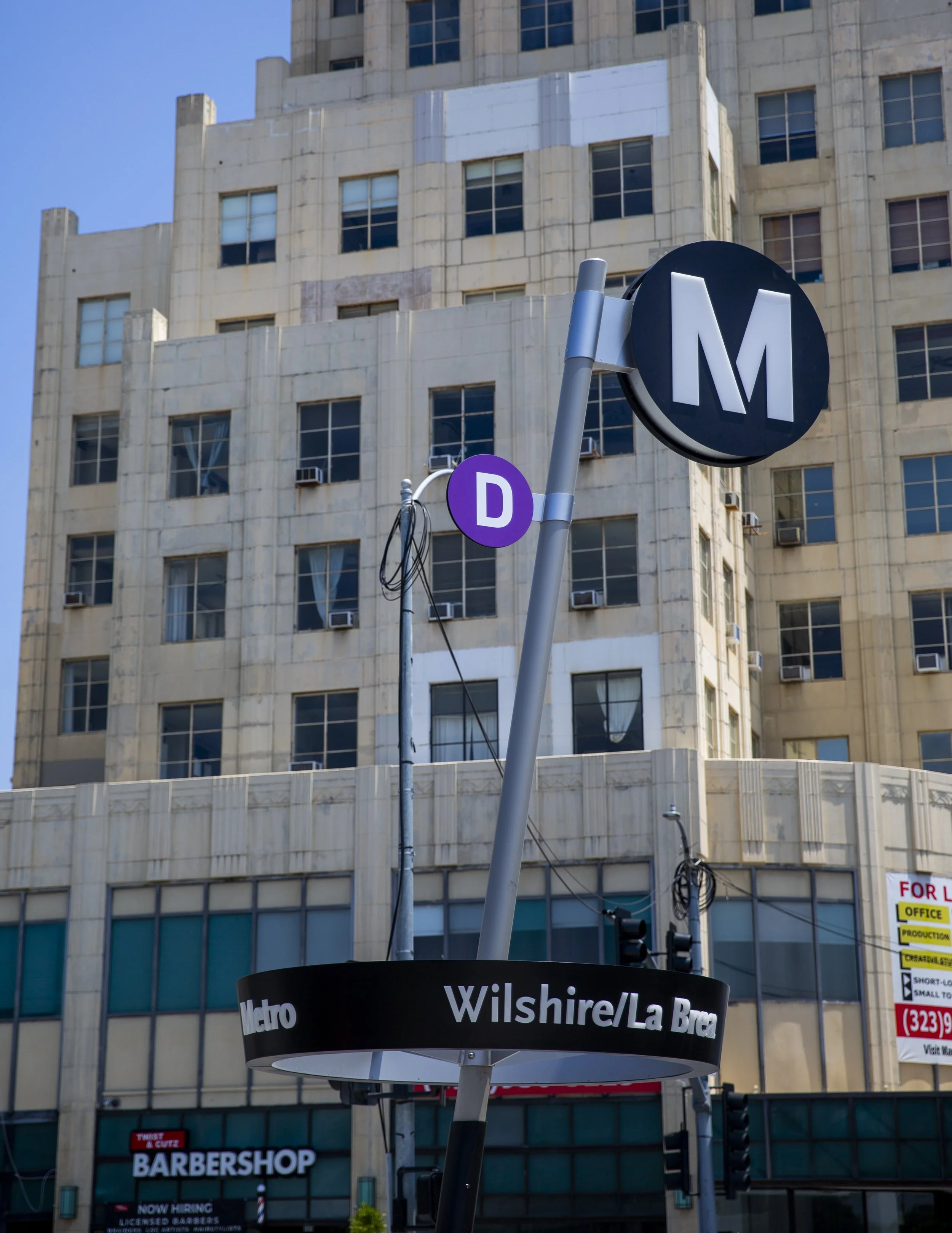  A Metro D Line sign stands outside the Wilshire/La Brea Station during the opening of Metro’s D Line Extension Section 1 in Los Angeles on Friday, May 8, 2026. (Jinhao Tian | The Corsair) 