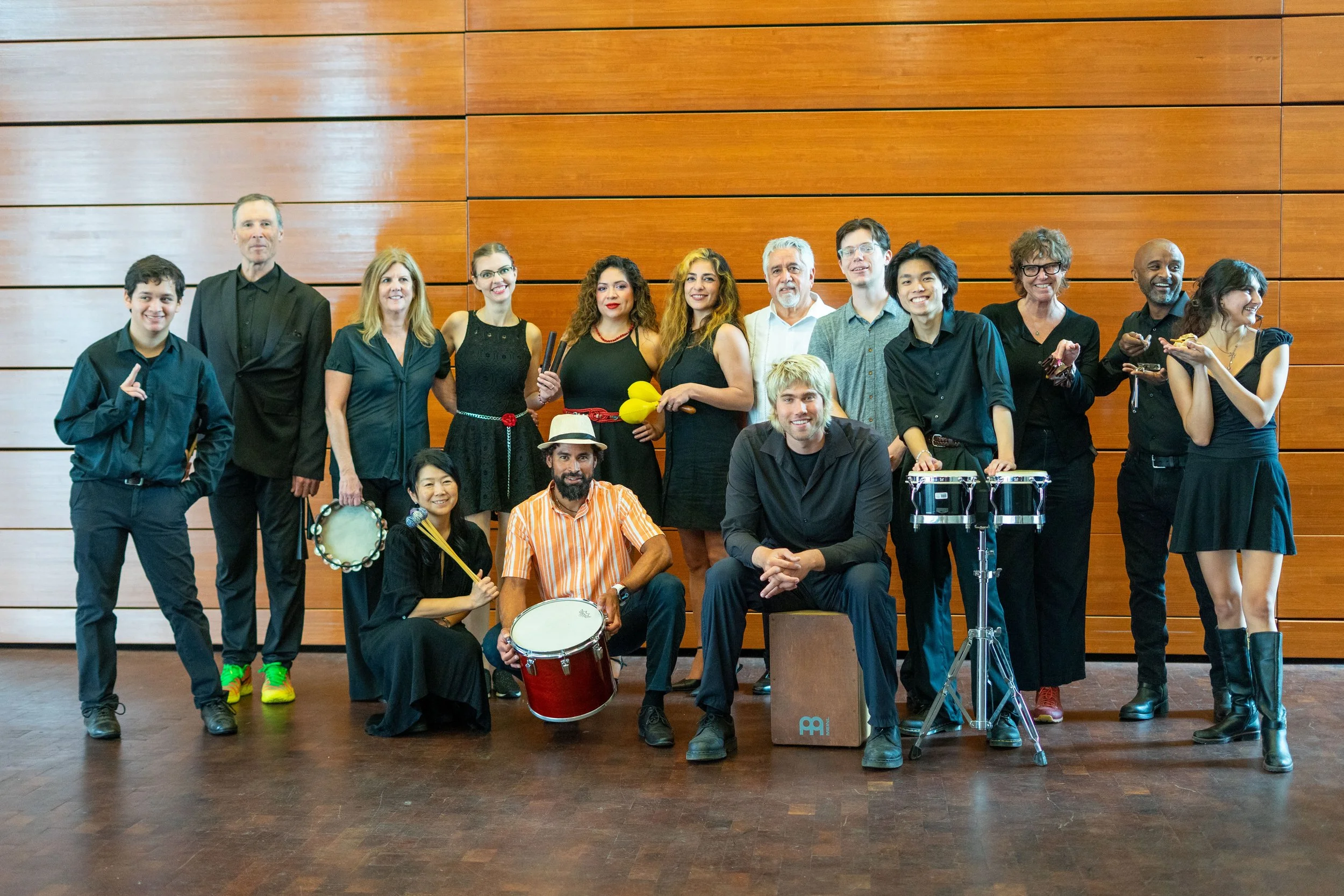  Members of the Santa Monica College Percussion Ensemble pose for a group photo during the SMC Percussion Ensemble concert at the Santa Monica College Performing Arts Center. The show consists of various types of percussion under the direction of Meg