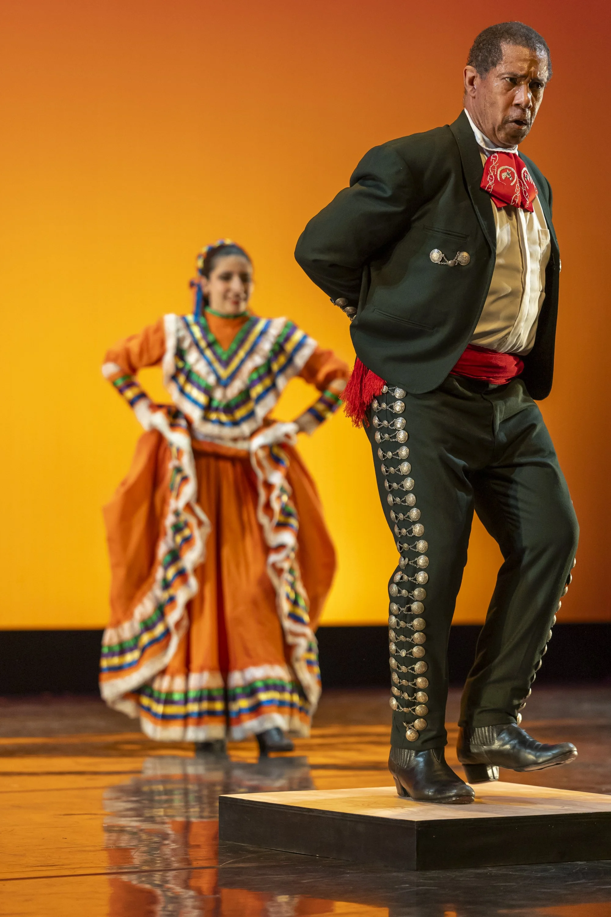  (L-R) Santa Monica College (SMC) World Dance Company dancer Setareh Kargahi holds the sombrero of her dancer partner Keith Morris in the Mexican performance of ‘Cuadro de Jalisco‘, choreographed by Raquel Ramirez, during a dress rehearsal for the up