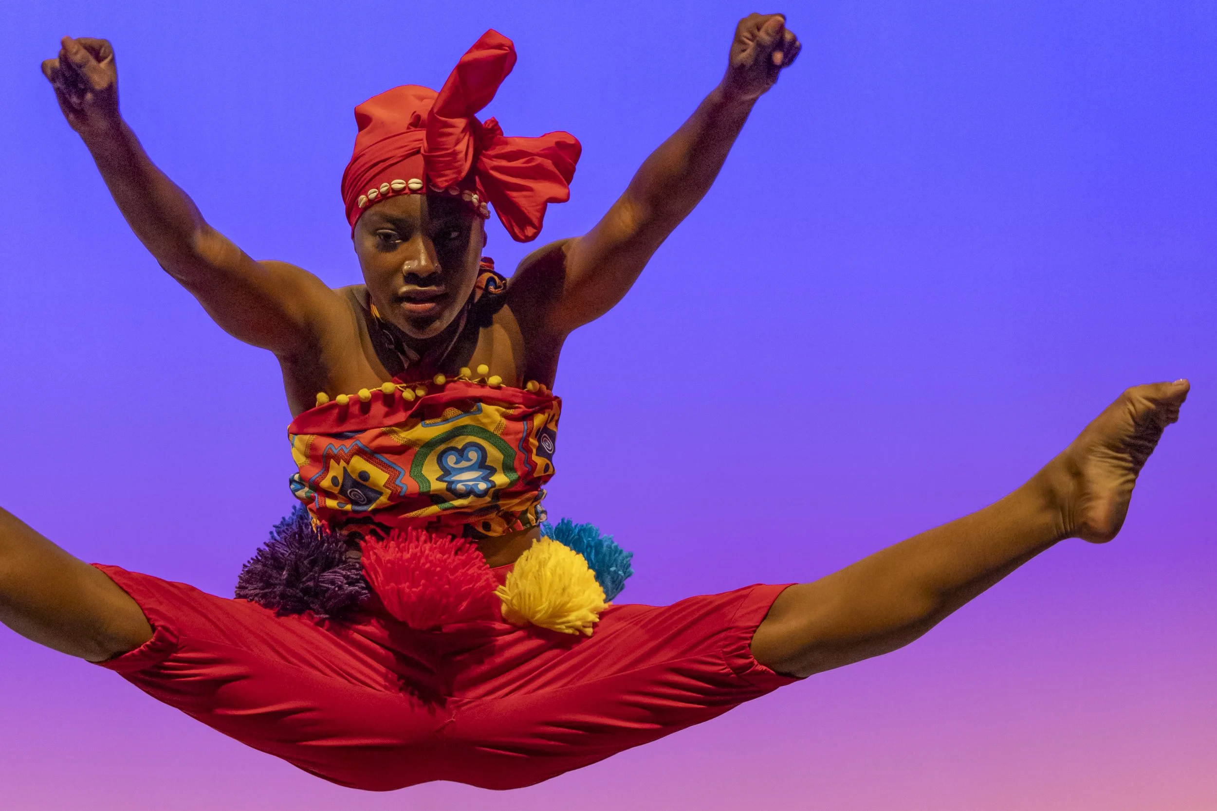  Kailyn Ferguson of Santa Monica College (SMC) World Dance Company jumps into the air while performing a West African dance called ‘Manjani (Mendiani)’, choreographed by Angela Jordan, during a dress rehearsal for the upcoming show ‘Global Motion’, o