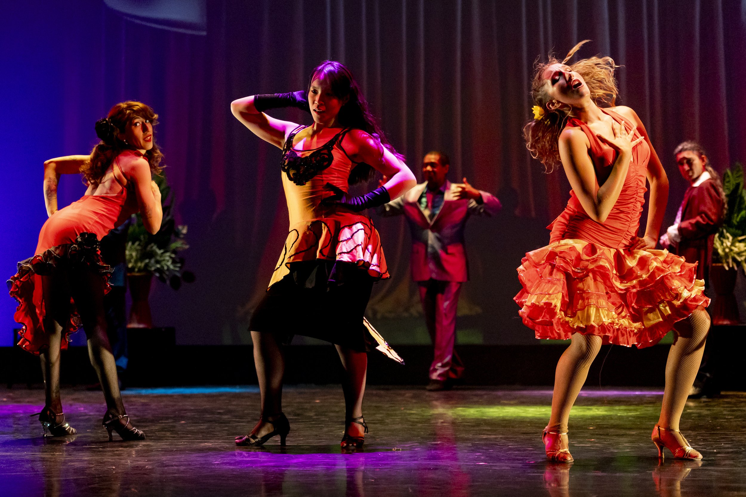  (L-R) Santa Monica College (SMC) World Dance Company dancers Bella Limon, Jessica (Ching Yuan) Hua and Kara Alexys perform a Cuban Mambo dance called ‘A Night at The Paladium‘, choreographed by Laura Canellias, during a dress rehearsal for the upcom