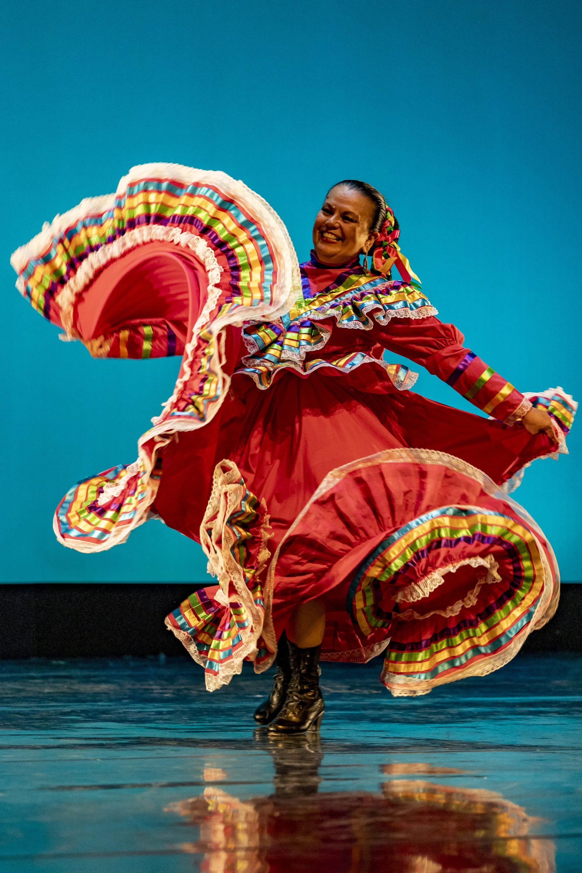  Arby Guevara of Santa Monica College (SMC) World Dance Company swings her skirt during the performance of ‘Cuadro de Jalisco‘, choreographed by Raquel Ramirez, during a dress rehearsal for the upcoming show ‘Global Motion’, on Wednesday, May 13, 202