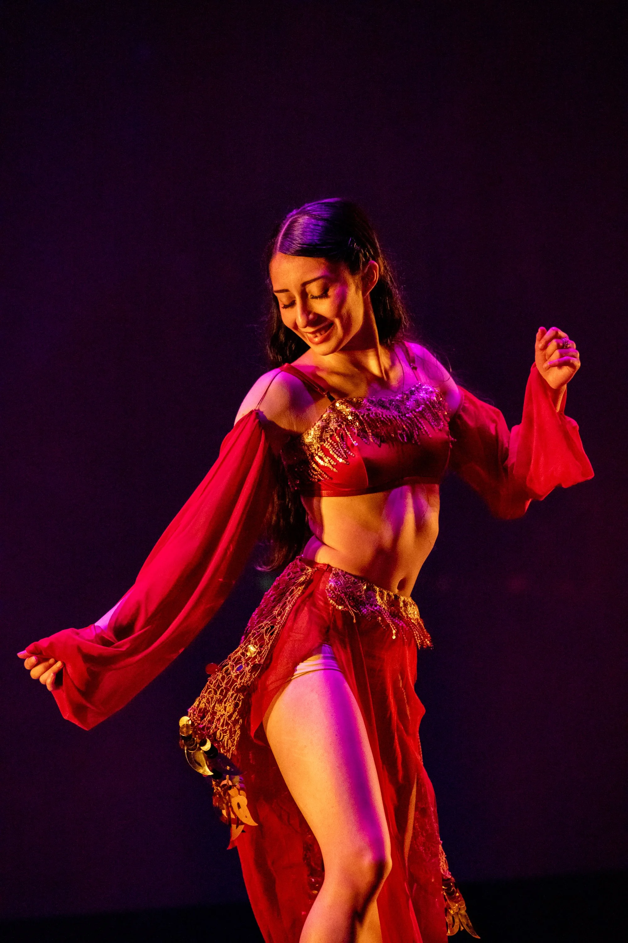  Santa Monica College (SMC) dancers, perform the Belly dances “Fusion” choreographed by Areil Kasha, during the Global Motion, Dance Company dress rehearsal at The Broad Stage at Santa Monica College’s Performing Arts Center, Santa Monica, Calif, on 