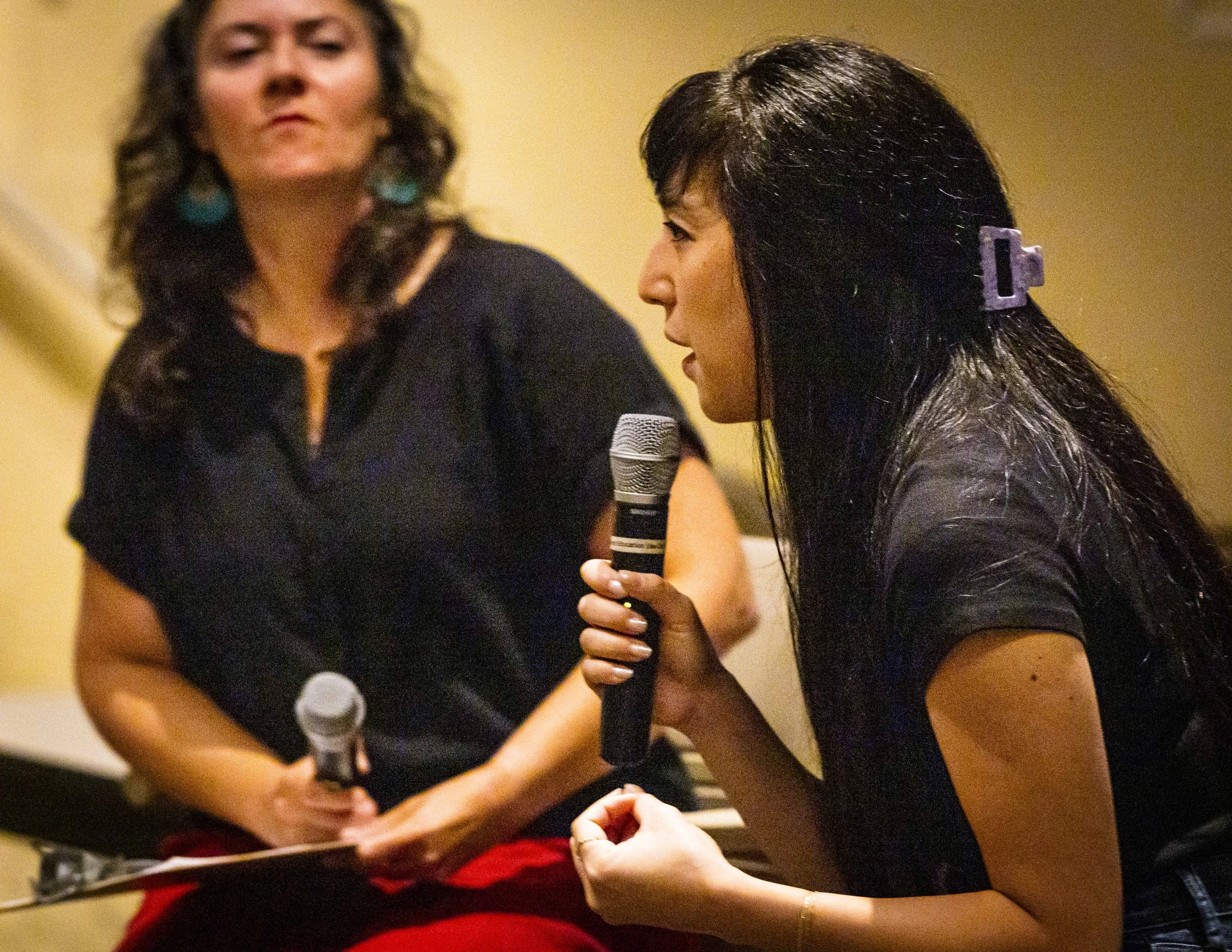  Santa Monica College (SMC) Earth Science Department professor Christyanne Melendez (cq) (L) and co-director and Los Angeles Times journalist Rosanna Xia (R) engage with the audience during the Q&A after the screening of “Out of Plain Sight,” a docum