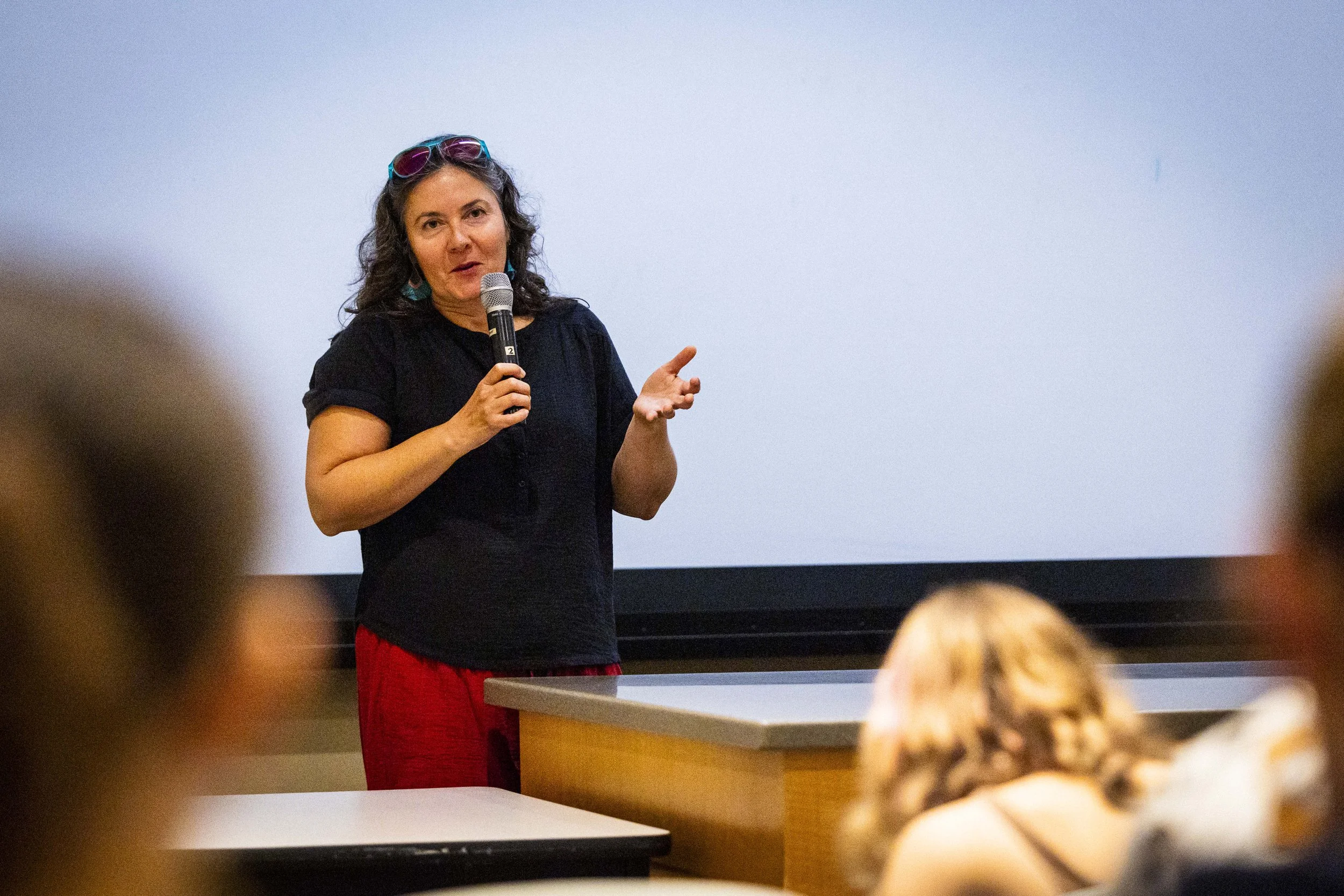  Santa Monica College (SMC) Earth Science Department professor Christyanne Melendez (cq) addresses the audience before a screening of “Out of Plain Sight,” a documentary about toxic dumping grounds off the coast of Southern California, in the Humanit