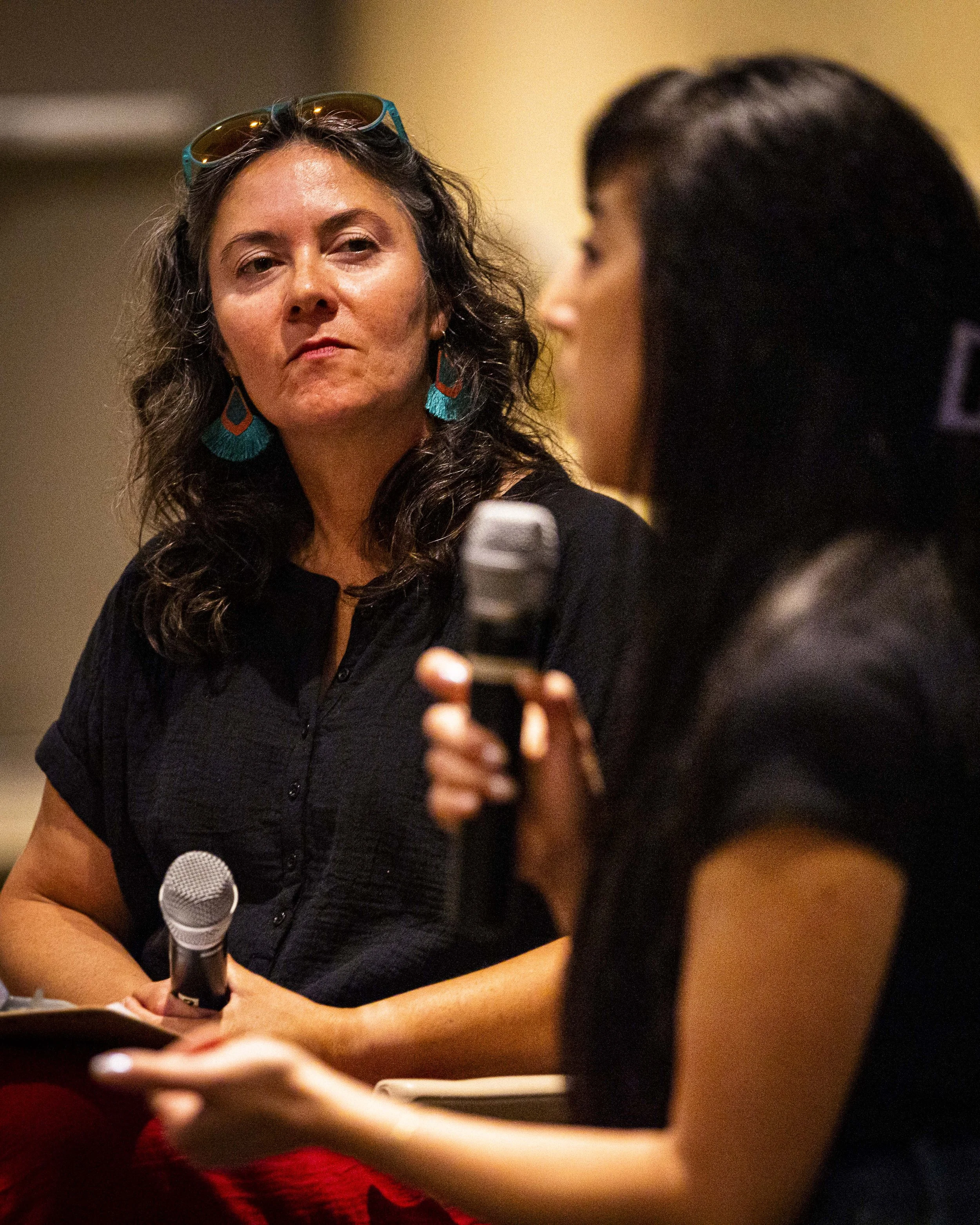  Santa Monica College (SMC) Earth Science Department professor Christyanne Melendez (cq) (L) and co-director and Los Angeles Times journalist Rosanna Xia (R) engage with the audience during the Q&A after the screening of “Out of Plain Sight,” a docum