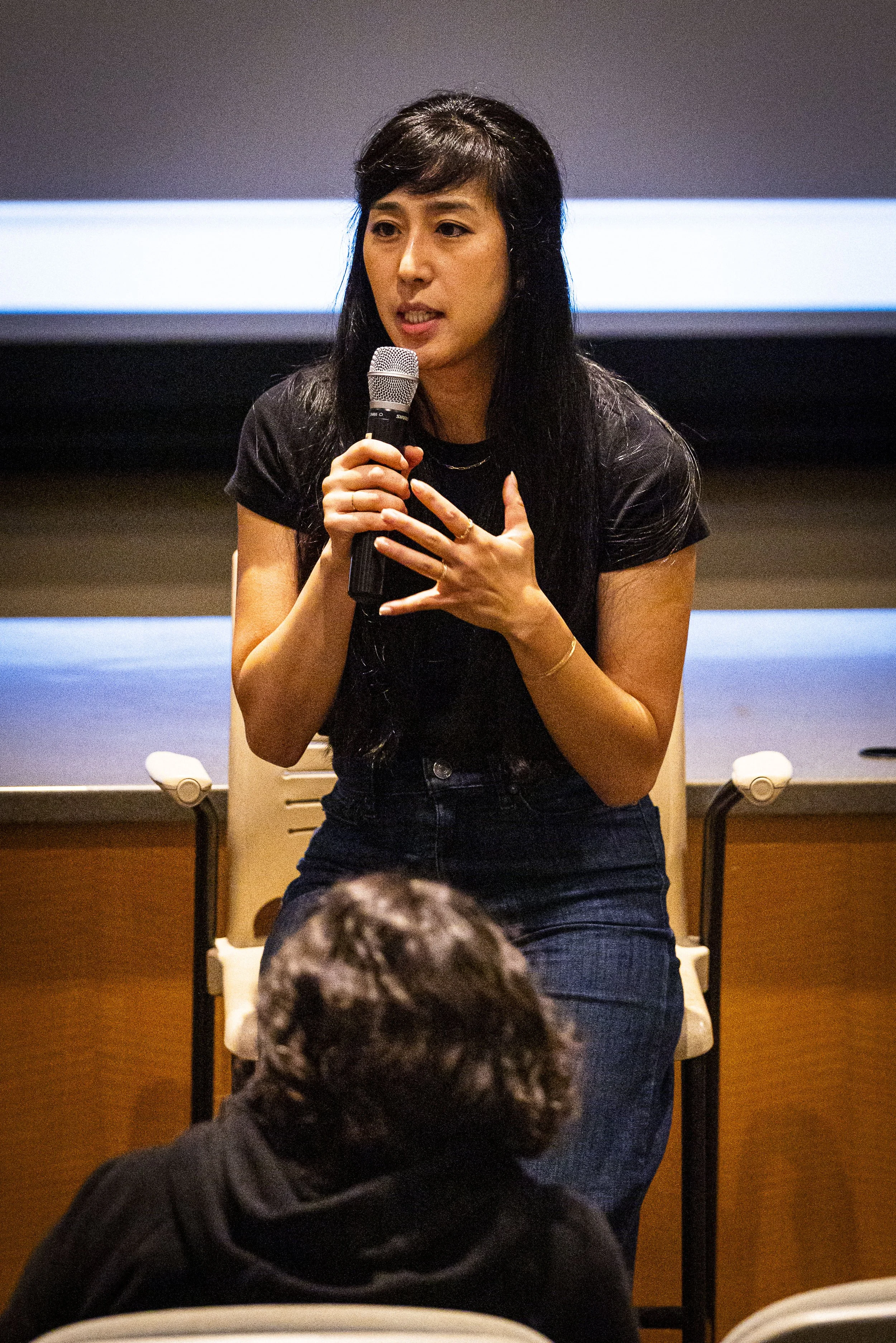  Co-director and Los Angeles Times journalist Rosanna Xia engages with the audience during the Q&A after the screening of “Out of Plain Sight,” a documentary about toxic dumping grounds off the coast of Southern California, in the Humanities & Social