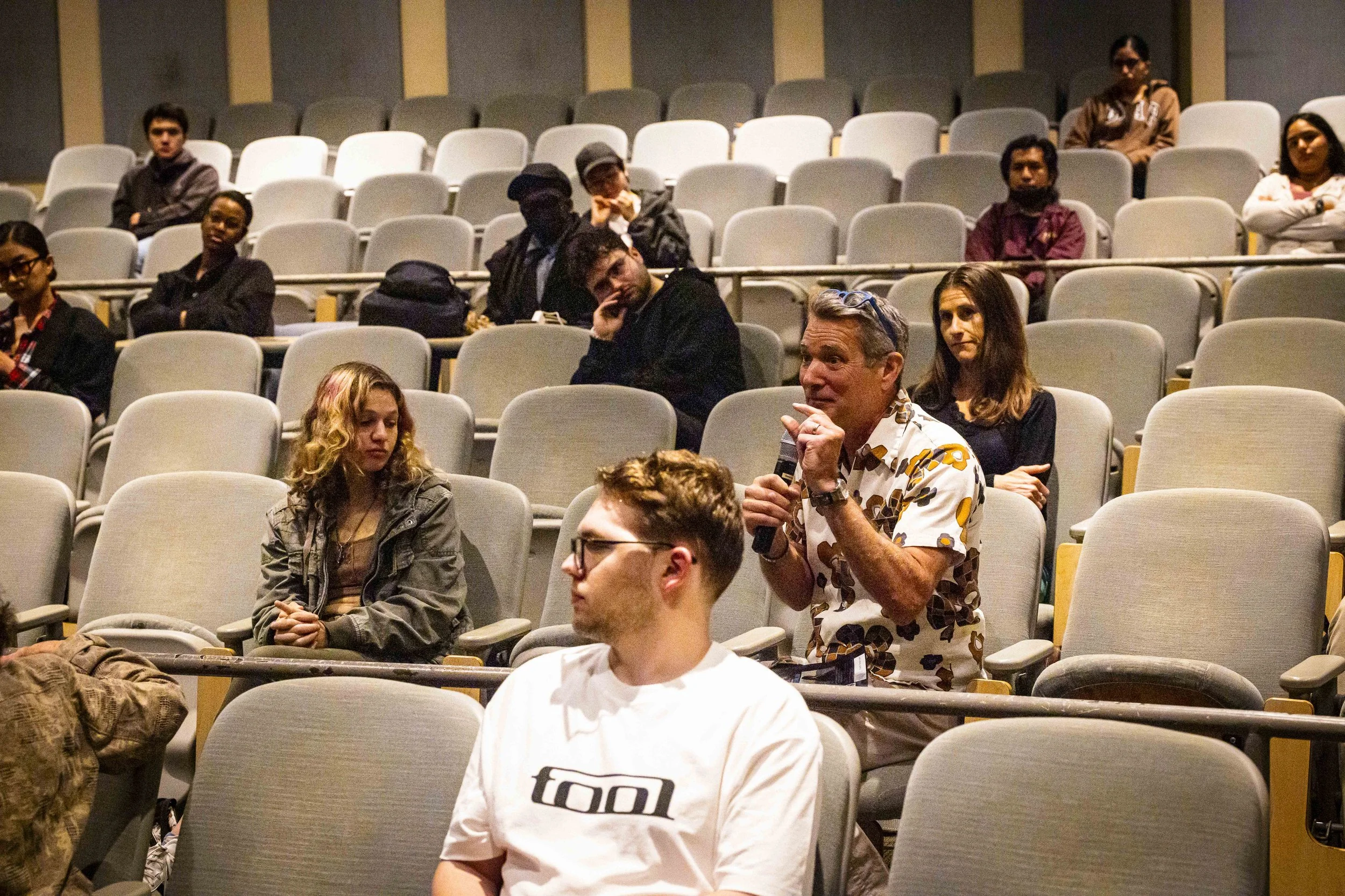  Santa Monica College (SMC) Director of Sustainability Ferris Kawar (cq) hold the mic as he makes some comments during the Q&A with co-director and Los Angeles Times journalist Rosanna Xia after a screening of “Out of Plain Sight,” a documentary abou