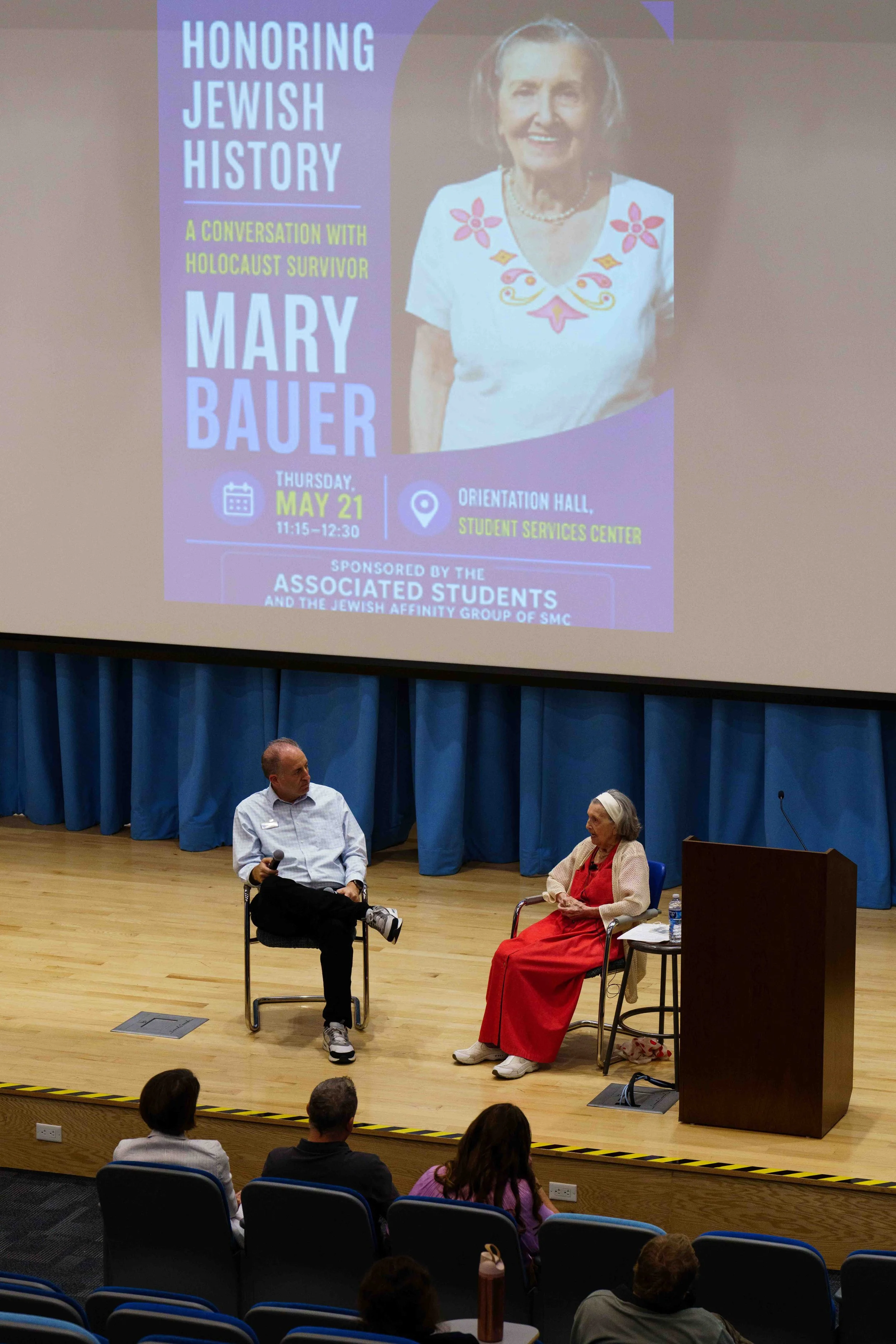  (L-R) Santa Monica College (SMC) Dean of Non-Credit and External Programs Dr. Scott Silverman moderates a presentation by Holocaust survivor Mary Bauer in the Orientation Hall at the SMC Welcome Center in Santa Monica, Calif, Thursday, May 21, 2026.