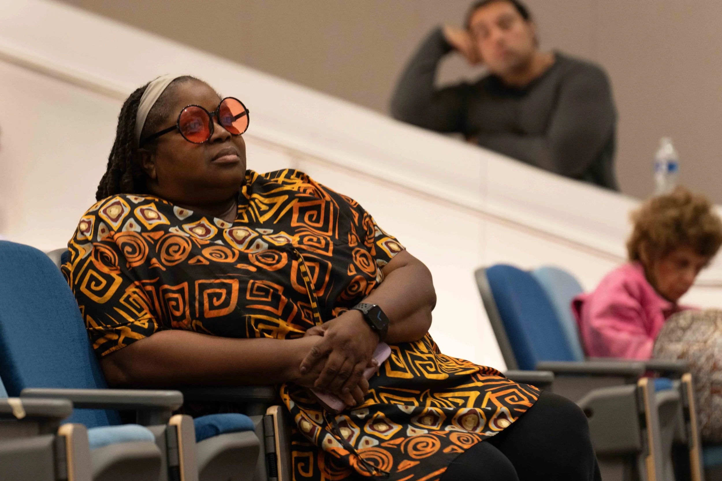  Santa Monica College (SMC) Media and Communication Department Chair Redelia Shaw (L) during a presentation by Holocaust survivor Mary Bauer in the Orientation Hall at the SMC Welcome Center in Santa Monica, Calif, Thursday, May 21, 2026. Bauer spoke