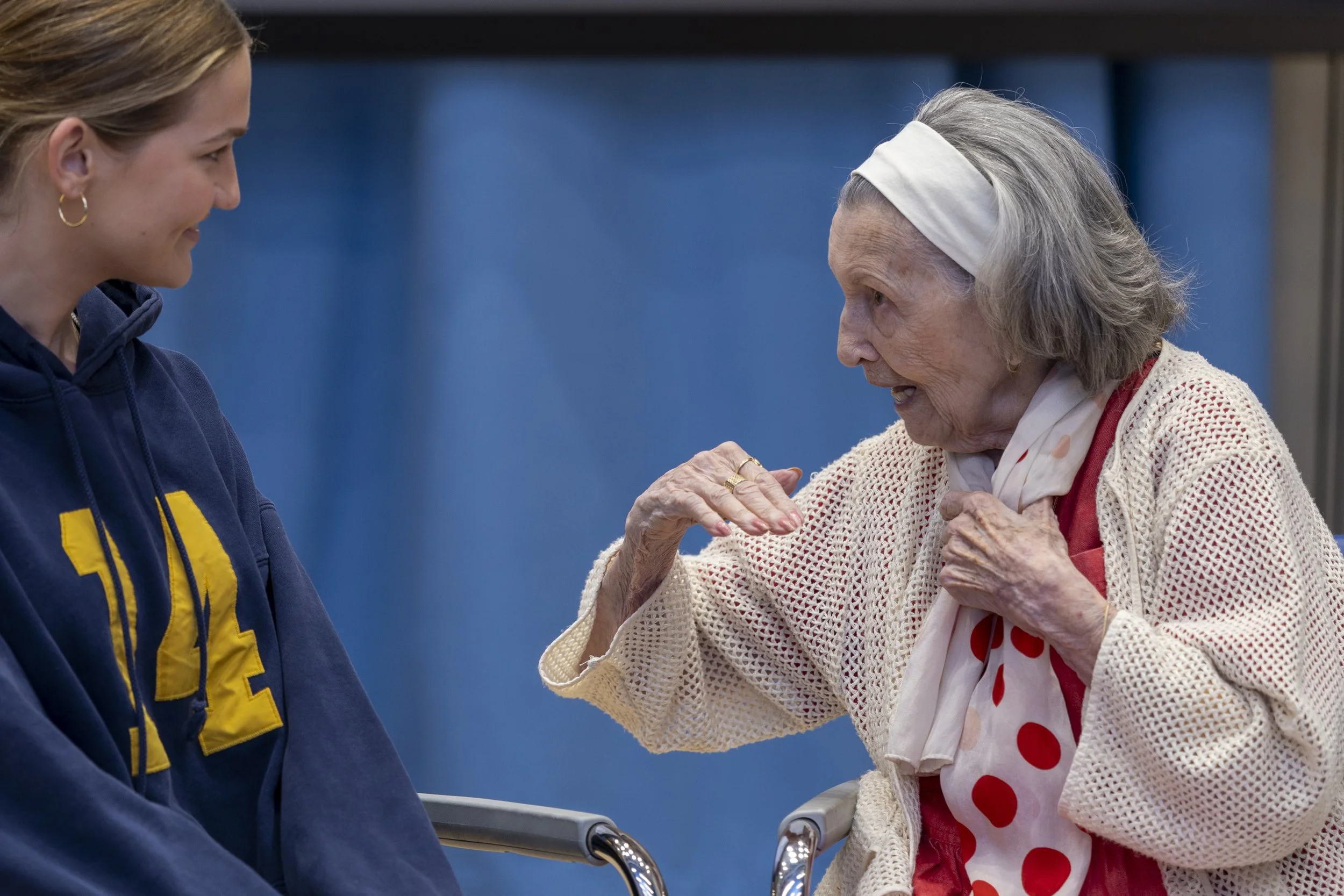  (L-R) Santa Monica College (SMC) student Audrey Liljegren, a sociology major, listens to Mary Bauer, a nearly 99-year-old Holocaust survivor, during a one-on-one conversation after the event ‘A Conversation with Holocaust Survivor Mary Bauer’ on Thu