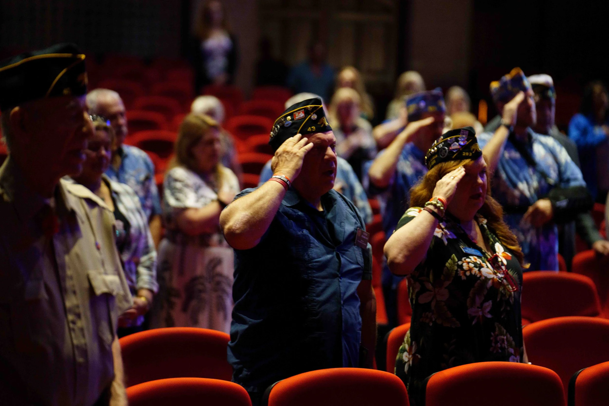  Veterans salute during a Celebration of Life for retired Santa Monica College (SMC) Police Captain and U.S. Marine Corps veteran Jere Romano at the American Legion Hollywood Post 43 in Los Angeles on May 16, 2026. Capt. Romano saved SMC students’ an
