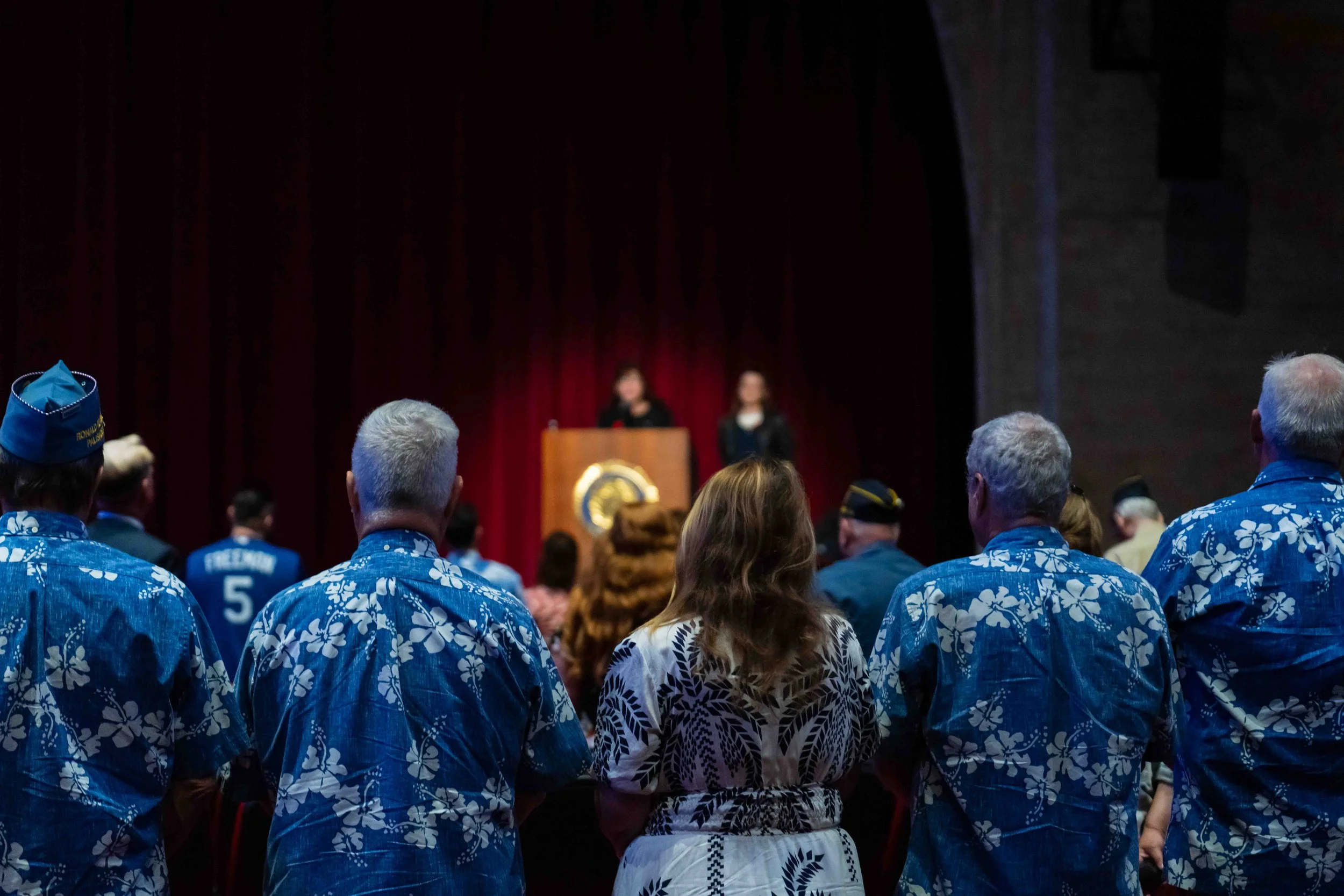  Sons of the American Legion in flowered blue shirts during a Celebration of Life for retired Santa Monica College (SMC) Police Captain and U.S. Marine Corps veteran Jere Romano at the American Legion Hollywood Post 43 in Los Angeles on May 16, 2026.