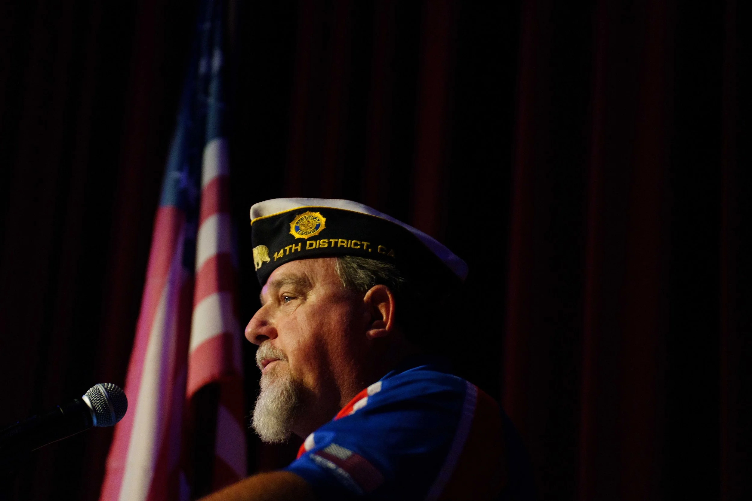  American Legion District 14 Commander James "JD" Bennett speaks at a Celebration of Life for retired Santa Monica College (SMC) Police Captain and U.S. Marine Corps veteran Jere Romano at the American Legion Hollywood Post 43 in Los Angeles, Saturda