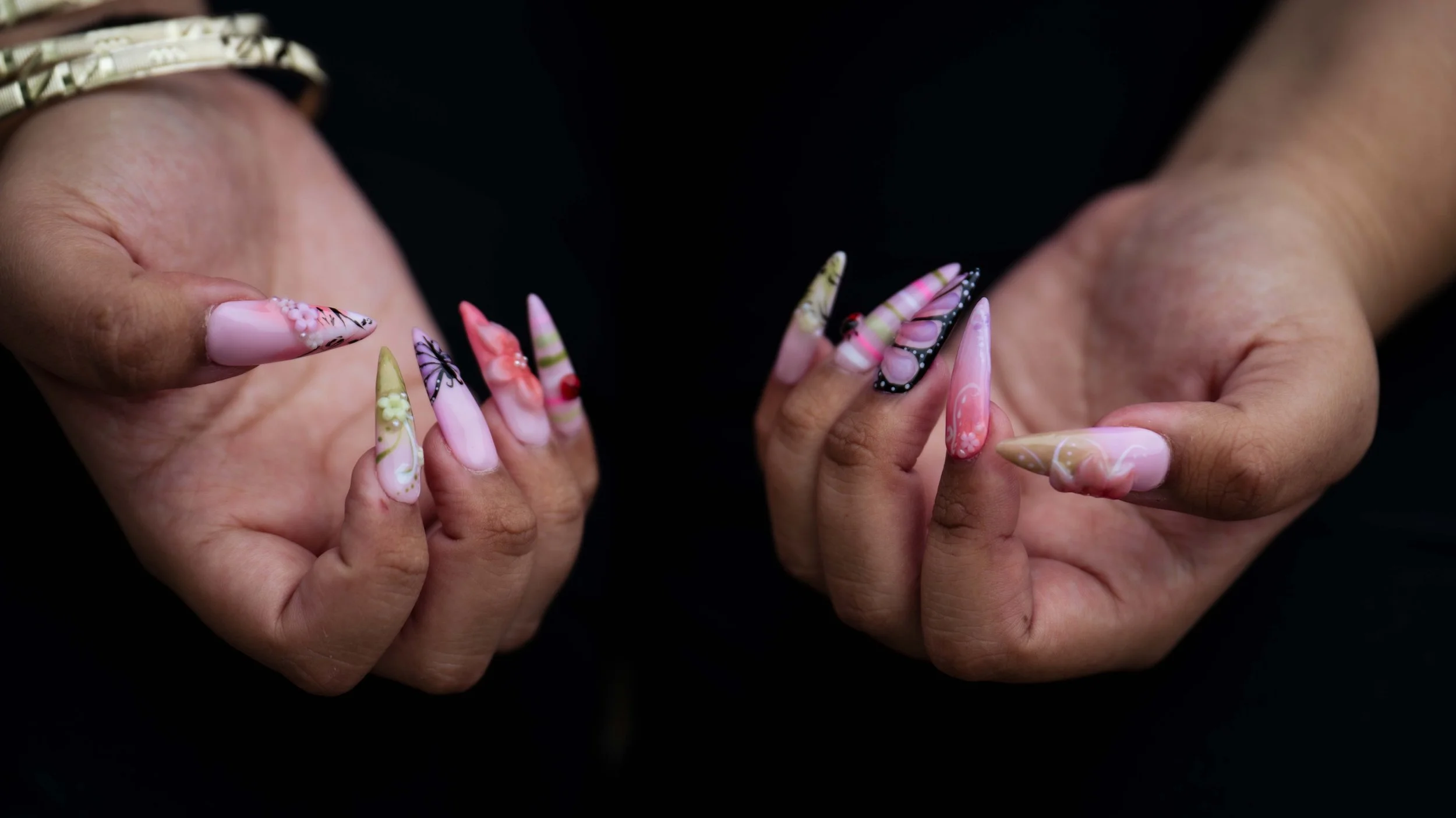  Santa Monica College cosmetology major Delyla Fletes' self-done nails outside the SMC Business Building in Santa Monica, California, Tuesday, June 2, 2026. Fletes made this set for a second date. (Elizabeth Bacher | The Corsair) 