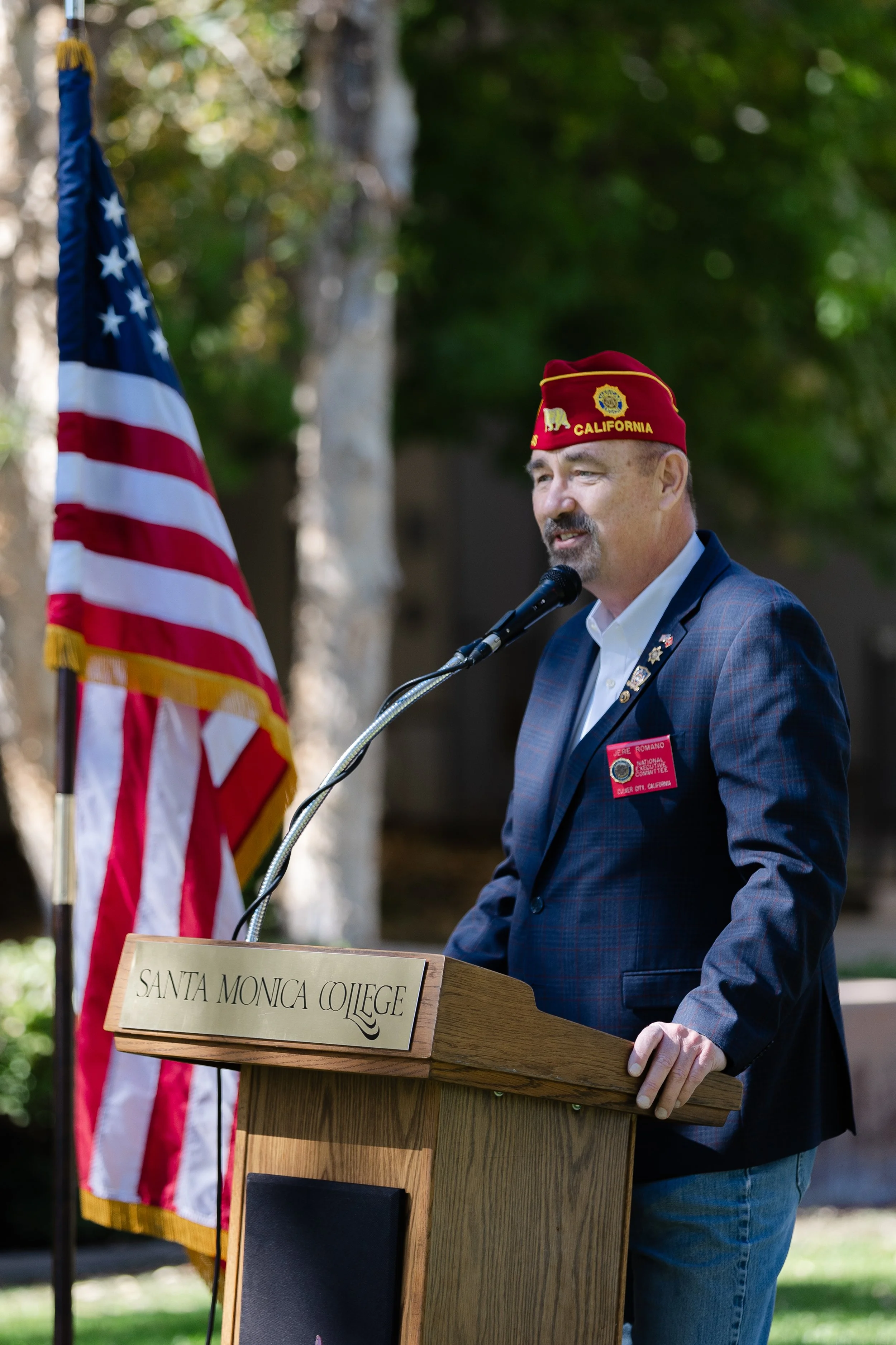  National Executive Committeeman for the American Legion and retired Santa Monica College Police Sergeant Jere Romano delivers a speach in recogniton of Veterans Day on Thursday November 7, 2024 at Santa Monica College, Santa Monica, Calif. (Mary Fun
