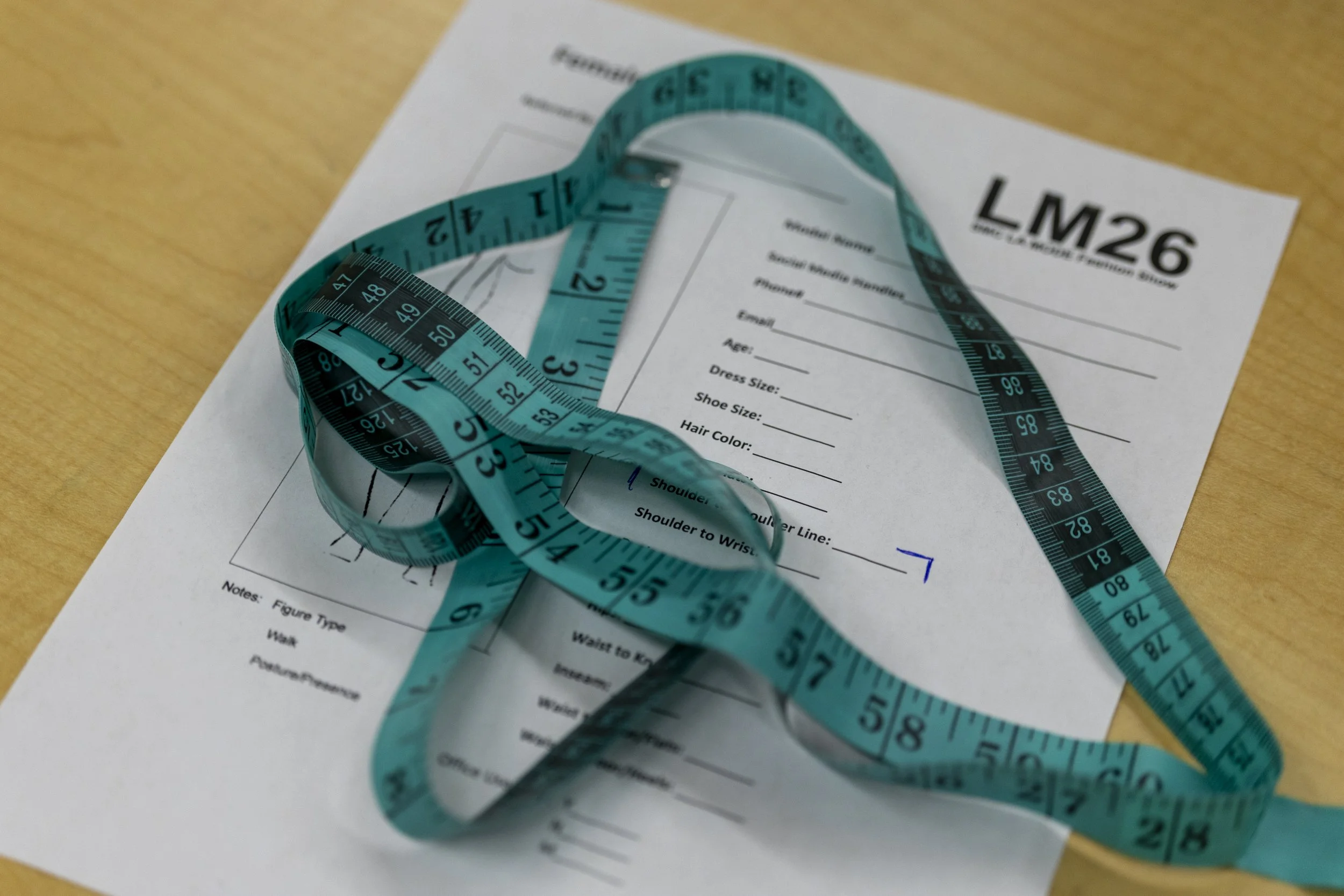  A model sheet and measuring tape during the Model Casting for LA Mode 2026, Santa Monica College's (SMC) annual student fashion show, Tuesday, March 24, 2026, in the Business Building on SMC Main Campus in Santa Monica, Calif. This event was organiz