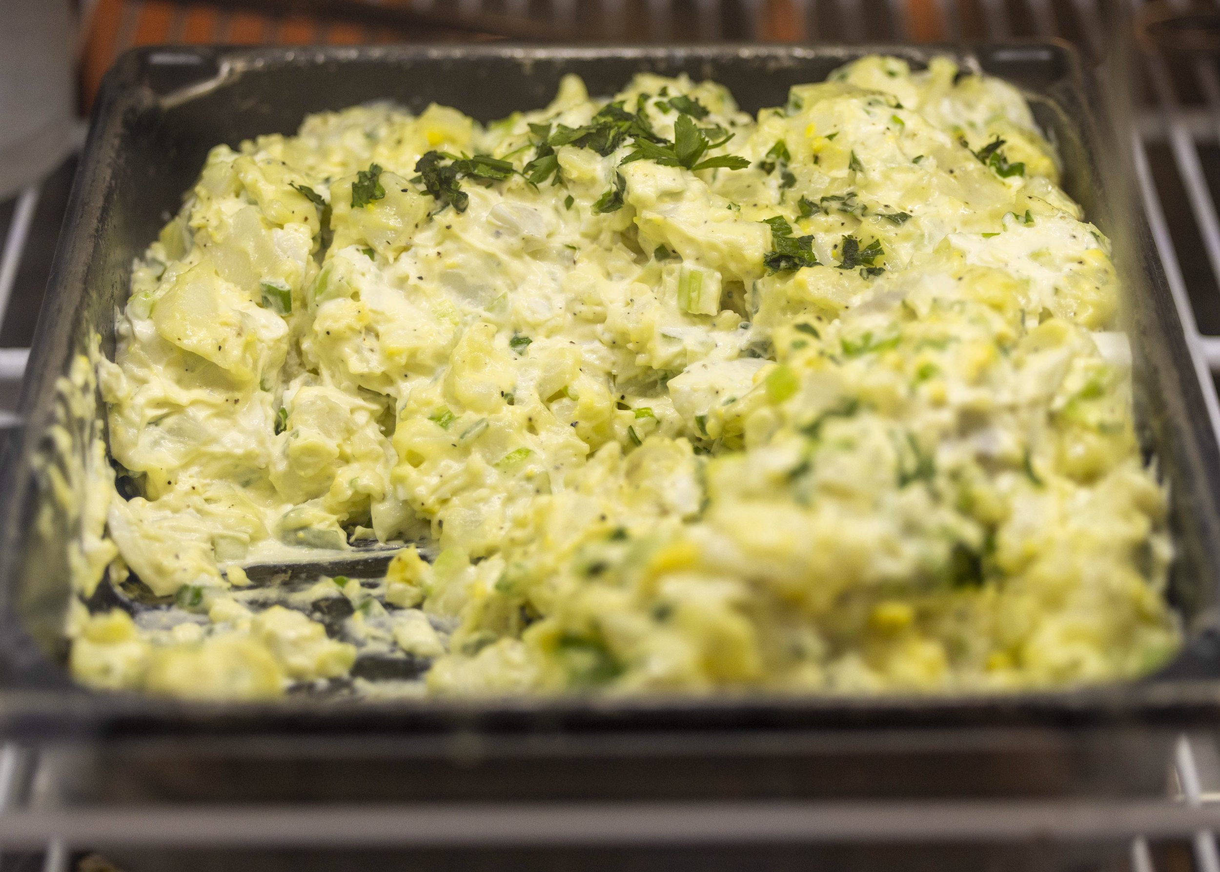  A creamy potato salad with herbs and chopped vegetables is served at the Santa Monica College cafeteria at the main campus in Santa Monica, Calif., on Tuesday, April 7, 2026.The cafeteria provides casual dining with a range of options, including pas