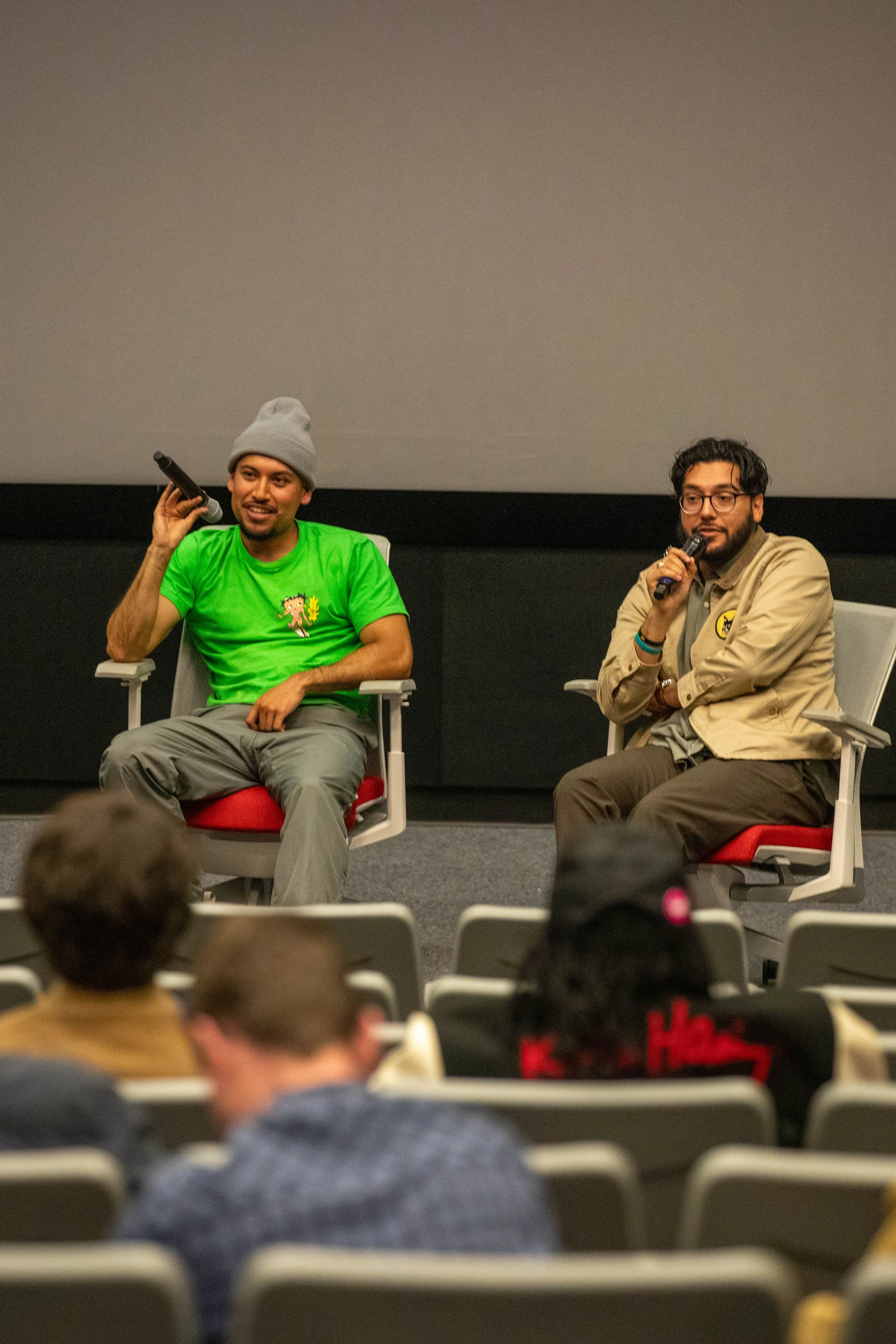  Robert Angel Lopez (left), the lead actor, and Andrew Sanchez, the director and writer, speak during the Q&A following a screening of the comedy documentary ROB on Friday, May 30, 2026, at the Santa Monica College Center for Media & Design in Santa 