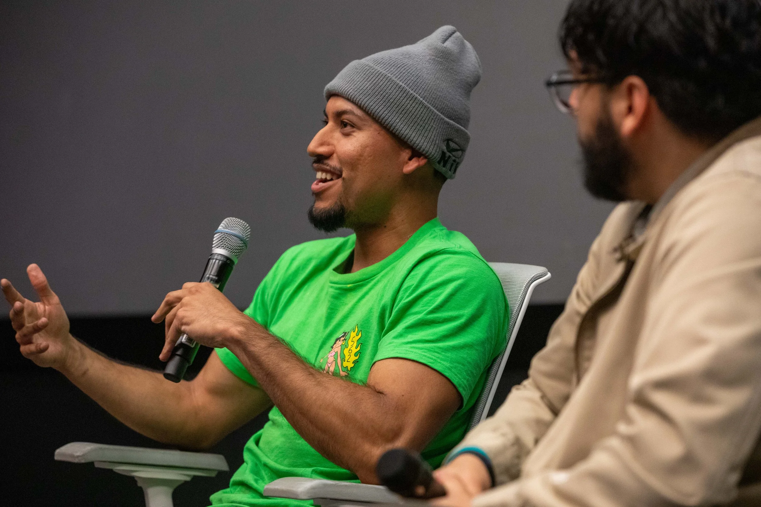  Robert Angel Lopez (left), the lead actor, and Andrew Sanchez, the director and writer, speak during the Q&A following a screening of the comedy documentary ROB on Friday, May 30, 2026, at the Santa Monica College Center for Media & Design in Santa 