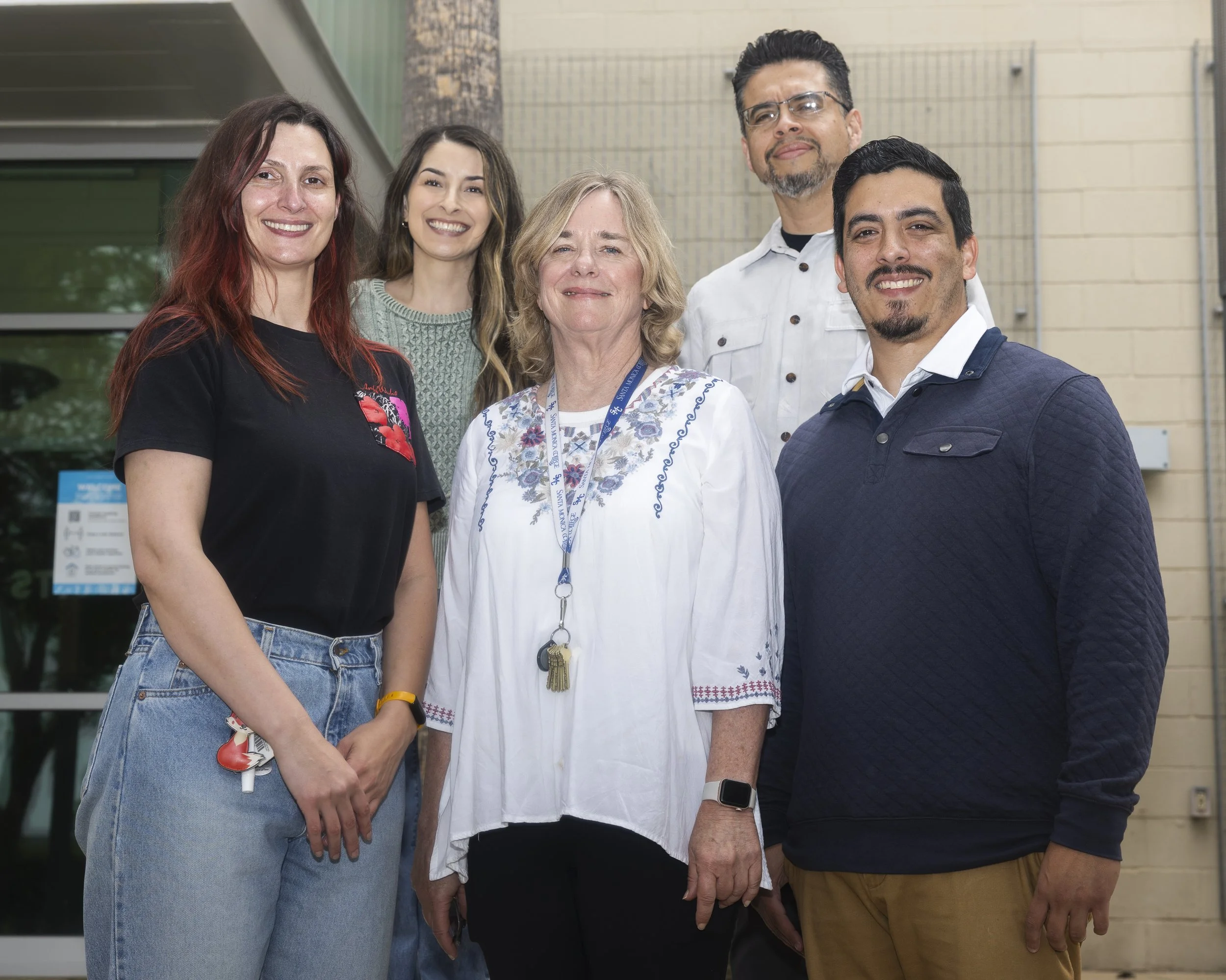  Members of Santa Monica College’s English as a second language team Nadya Lederer (L), Nataly Gonzalez (CL), Liz Koenig (C), Fernando Henriquez (CR) and Luis Jauregui (R) pose for a photo on Thursday, June 4, 2026, at SMC’s Bundy Campus, after holdi