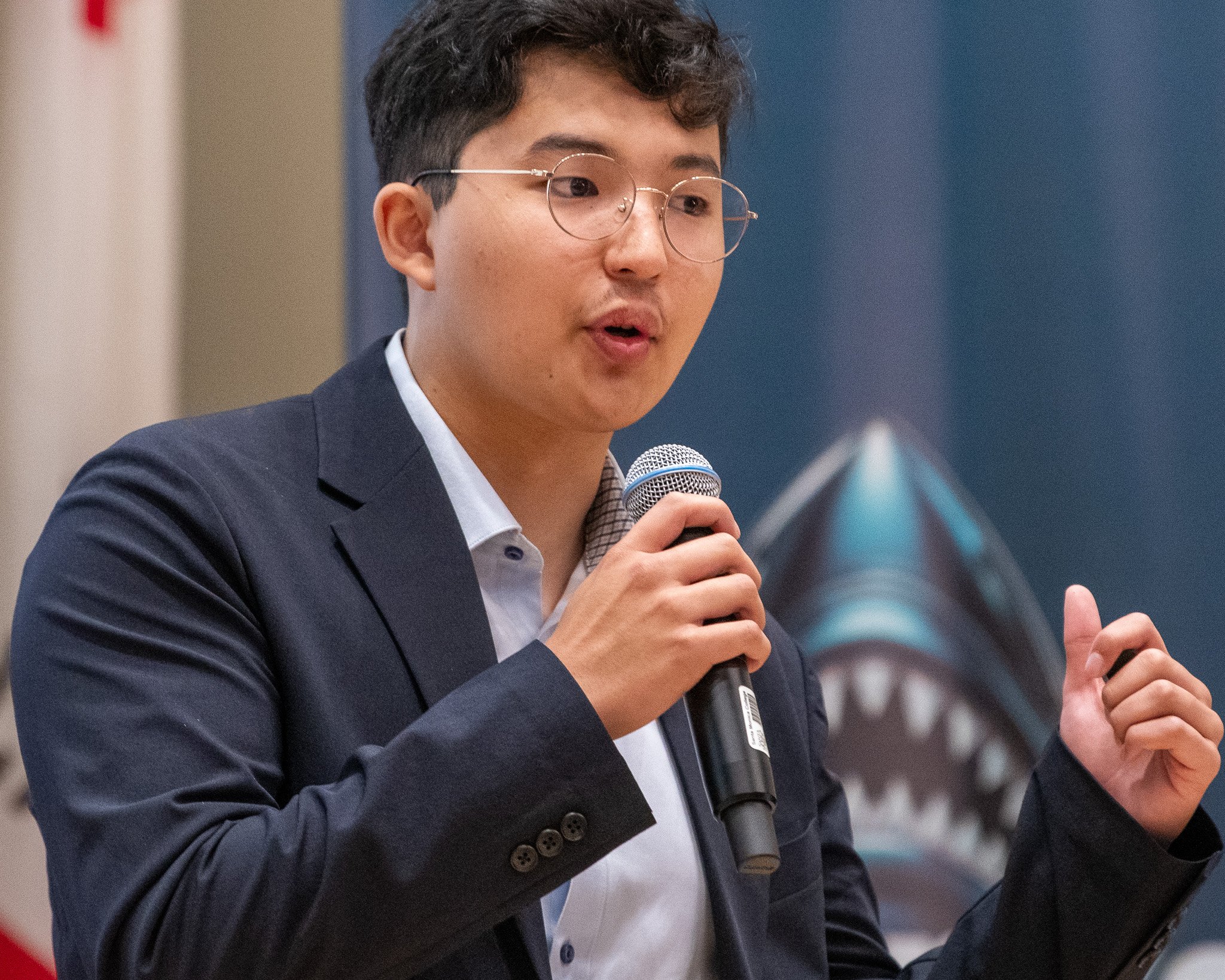  SMC Shark's Valley Competitor and Founder of Rev-Lev, Alnur Askar pitching his start up during the Shark's Valley event held at the Oreientation Hall, Student Education Center in Santa Monica, Calif. on May 28, 2026. (Karina Custodio | The Corsair) 