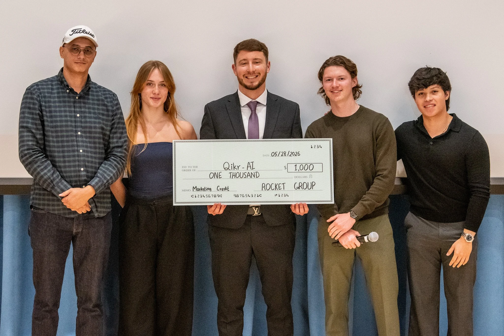 SMC Shark's Valley First place award goes to Qikr AI. (L-R) Hocine Boulares, Sofia Hryhir, Sam Vedernikoff,  Stanislas Shvets, and Diego Molina. Photographed at awarding ceremony during the Shark's Valley event held at the Oreientation Hall, Student
