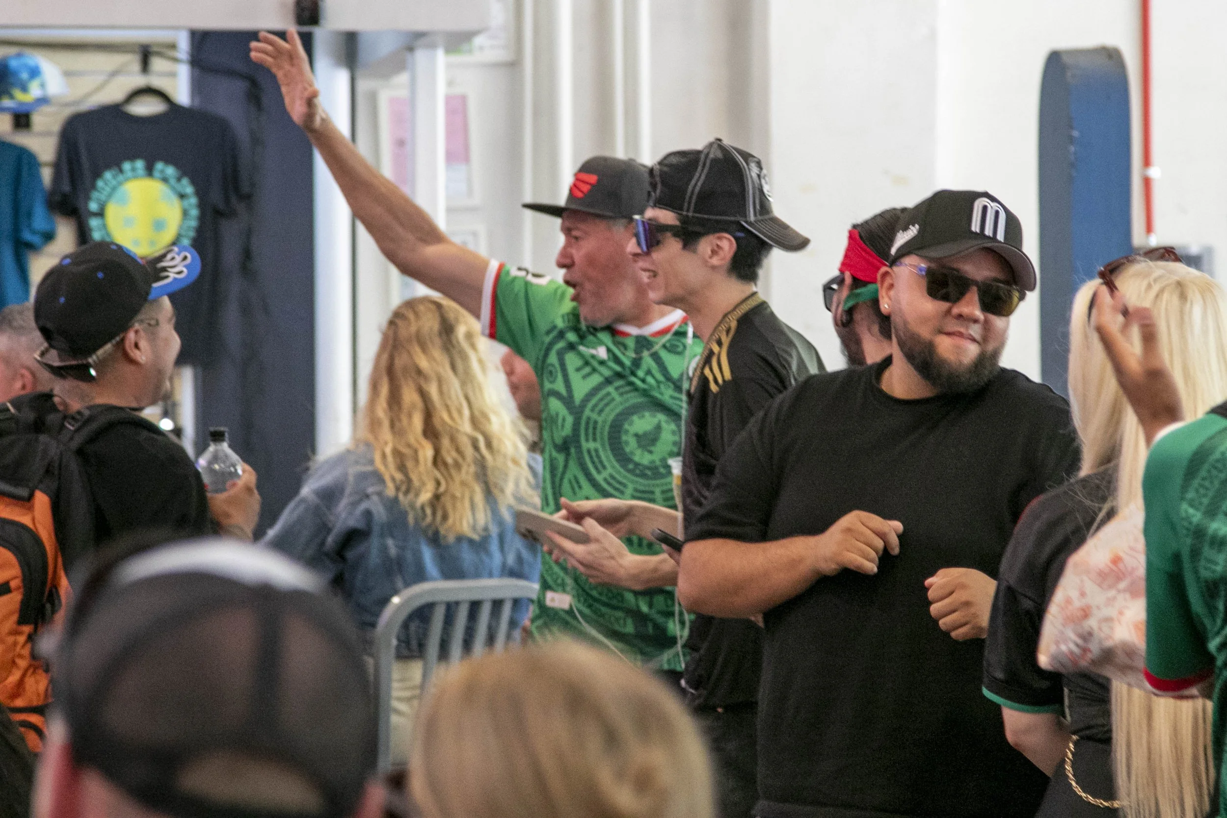  Mexico Soccer Fans cheering as South African midfielder Yaya Sithole during the inaugural match of the 2026 Fédération Internationale de Football Association (FIFA) World Cup at the Grand Central Market, Downtown Los Angeles, Calif., on Thursday, Ju