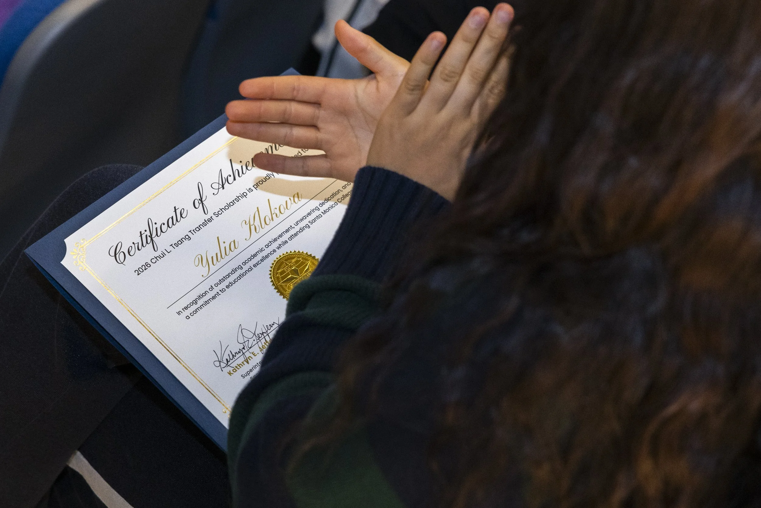  Santa Monica College student Yulia Klokleva claps after receiving extra scholarship money during the college’s scholarship and donor recognition event inside the Student Services Center in Santa Monica, Calif., on Friday, June 12, 2026. (Kayjel J. M