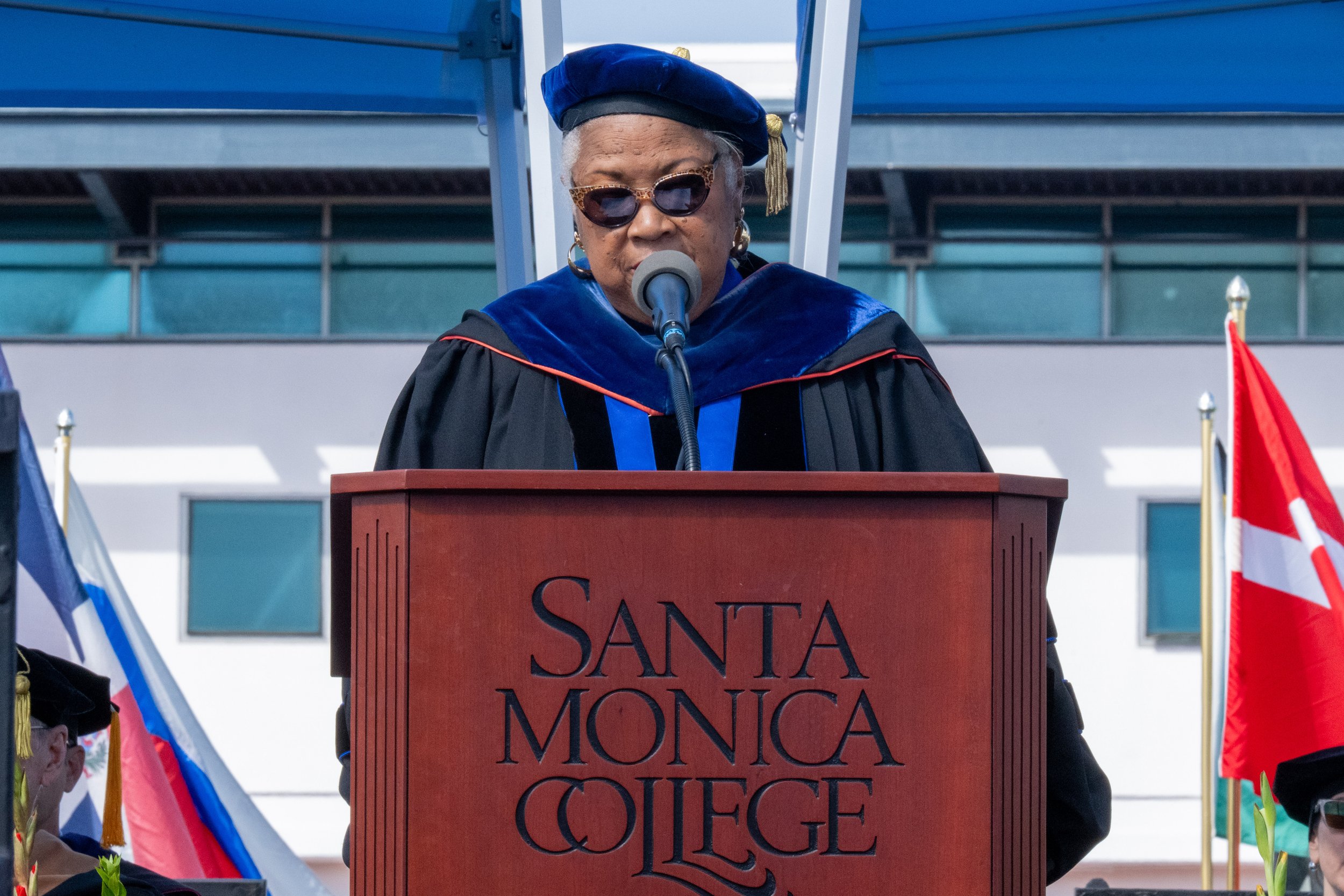  Supuerintendent and President, Dr. Katheryn E. Jeffery gives commencement salutation at the Santa Monica College (SMC) 2026 Graduation Ceremony at the Corsair Stadium, Santa Monica, Calif., on Tuesday, June 16, 2026. (Tom Rosholt | The Corsair) 