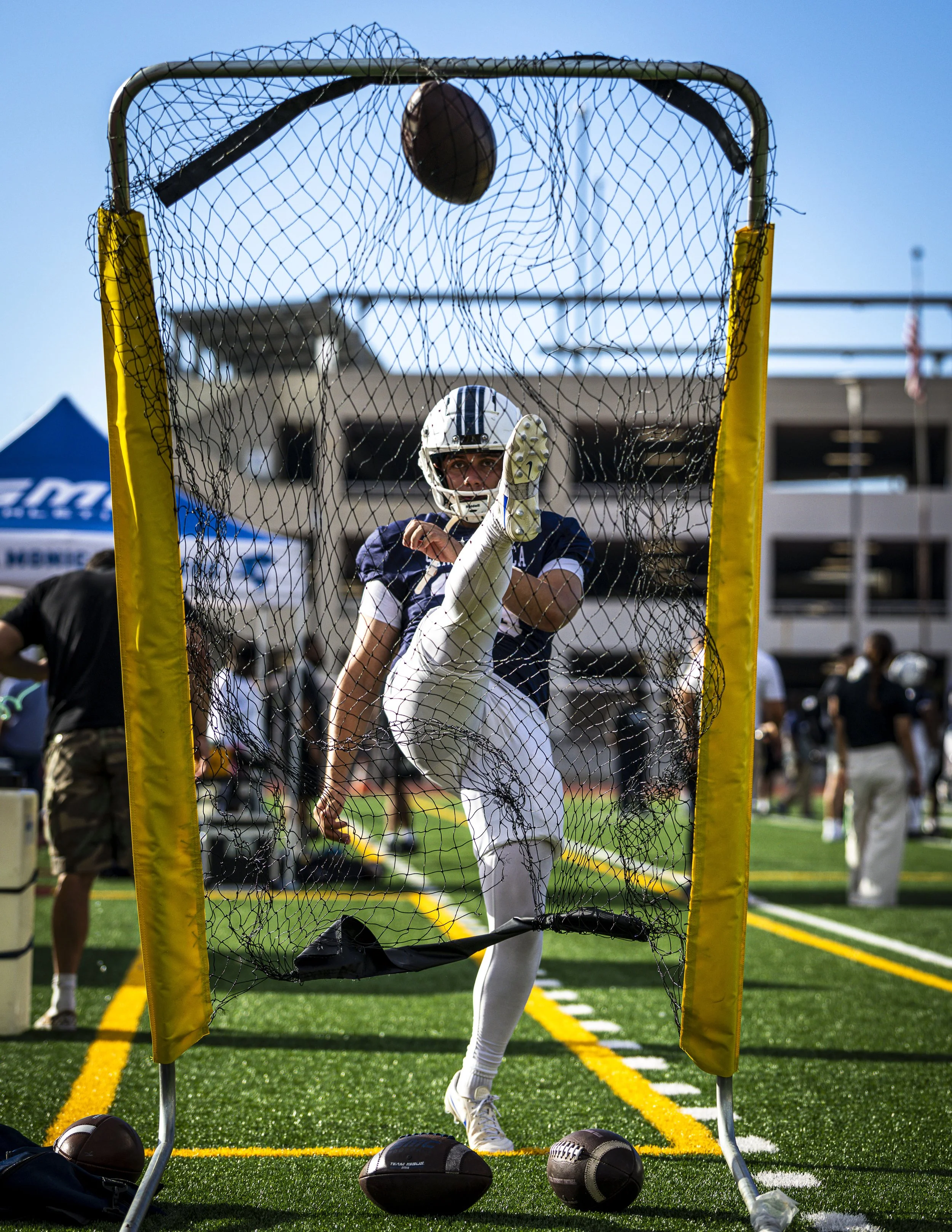  Santa Monica College (SMC) Corsair ST-K Joaquin Garcia warms up his kicking during their match against Compton College Coyotes on Saturday, Sept. 5, 2026, at the SMC Corsair Stadium in Santa Monica, Calif. The Corsairs beat the Coyotes 56-16. (Guill