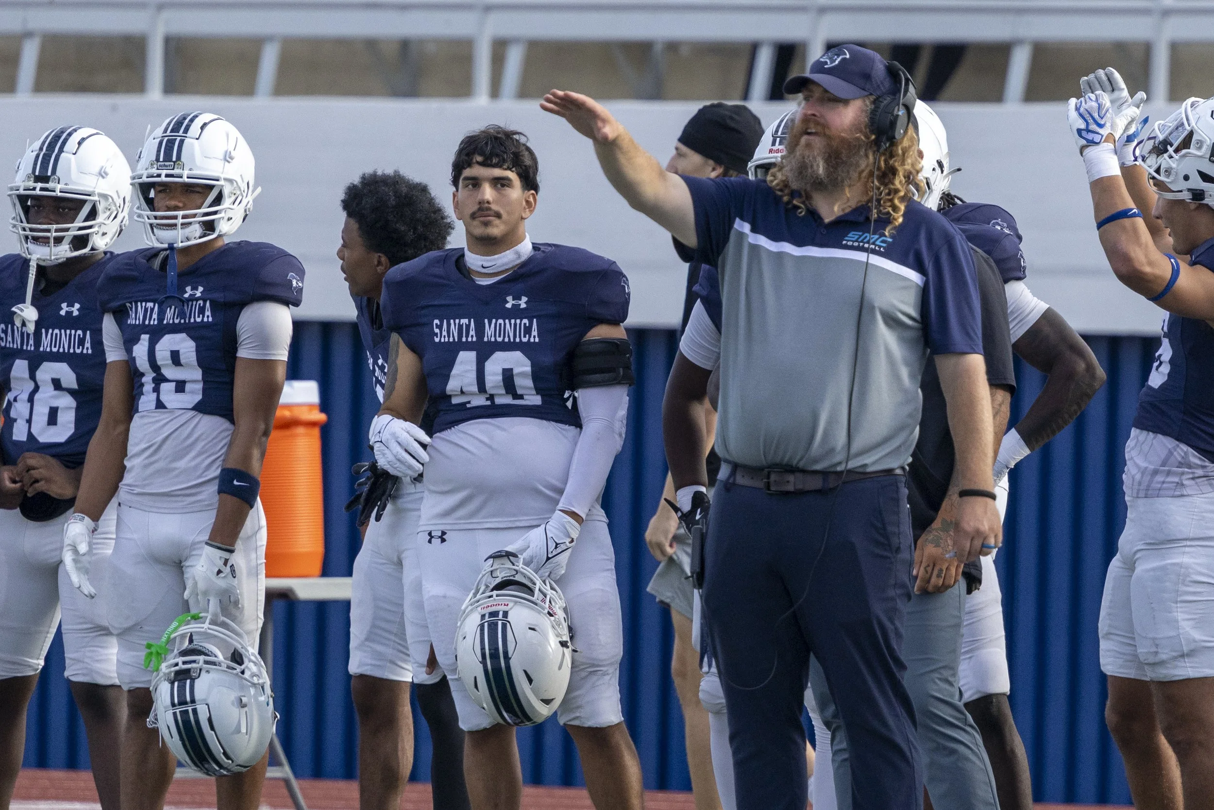  Head coach Kelly Ledwith of the Santa Monica College (SMC) Men’s Football Corsairs coaches from the sideline during the game against the Compton College Coyotes on Saturday, Sept. 5, 2026, at the SMC Corsair Field in Santa Monica, Calif. The Corsair