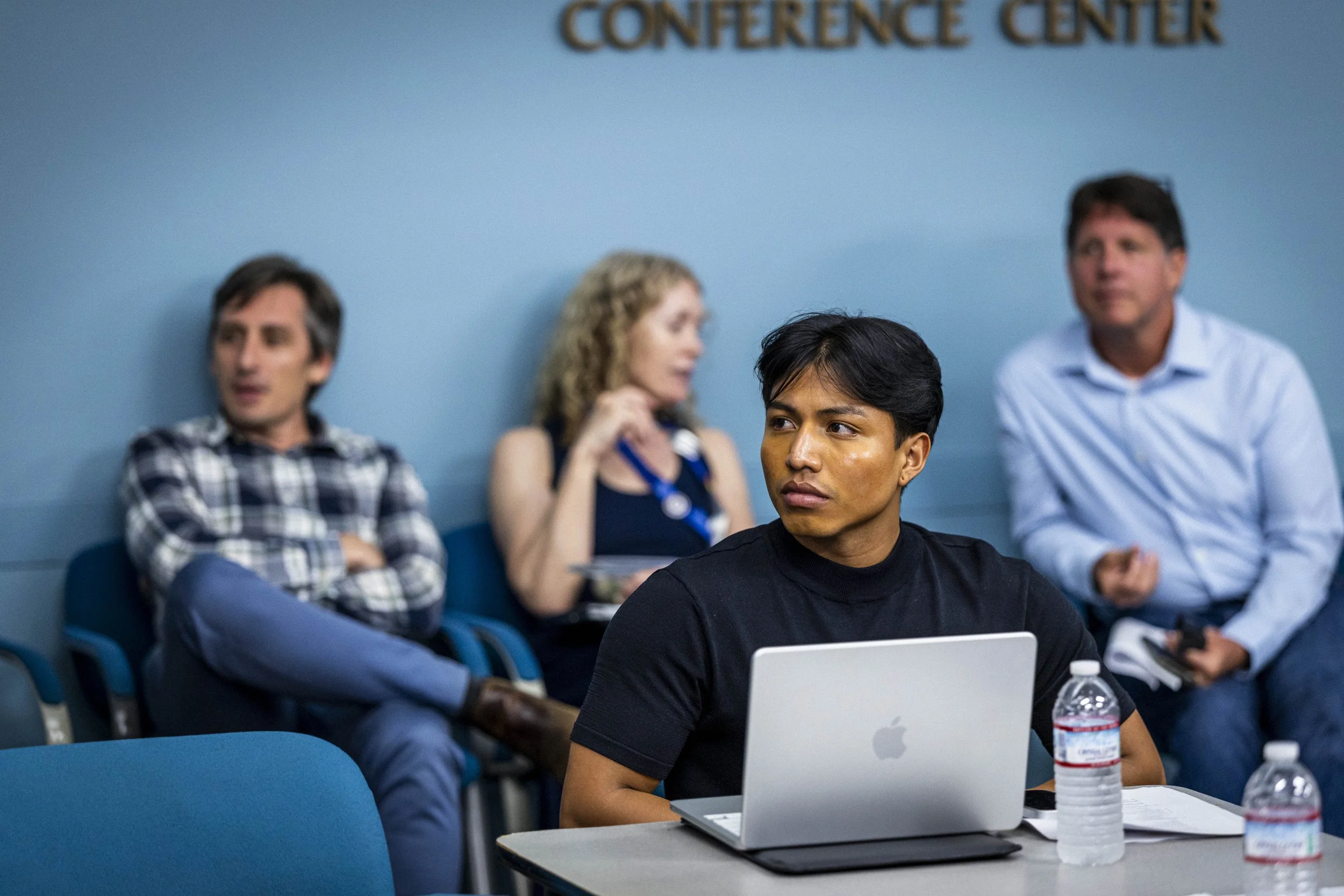  Santa Monica College (SMC) Associated Students Vice President Gabriel Sanchez (Center) waits in the Conference Center for his turn to speak in front of the SMC Board of Trustees during a meeting on Tuesday, Sep. 8, 2026, at the SMC Board Room: Busin