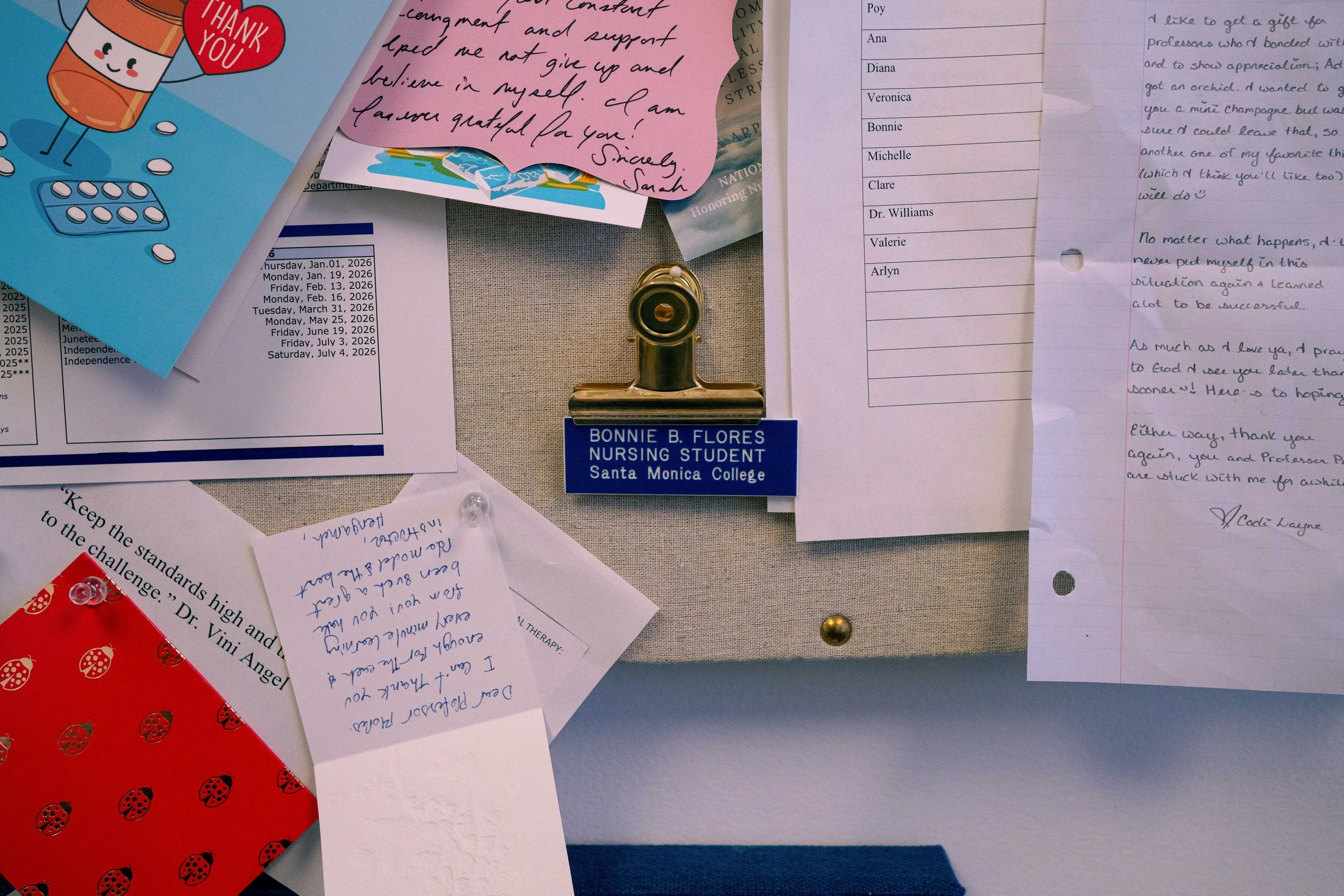  A wall of papers and letters hanging inside Professor Bonnie Flores' office on Santa Monica College's Bundy Campus, July 22, 2026 in Los Angeles, Calif. (Nathan Hanson | The Corsair) 