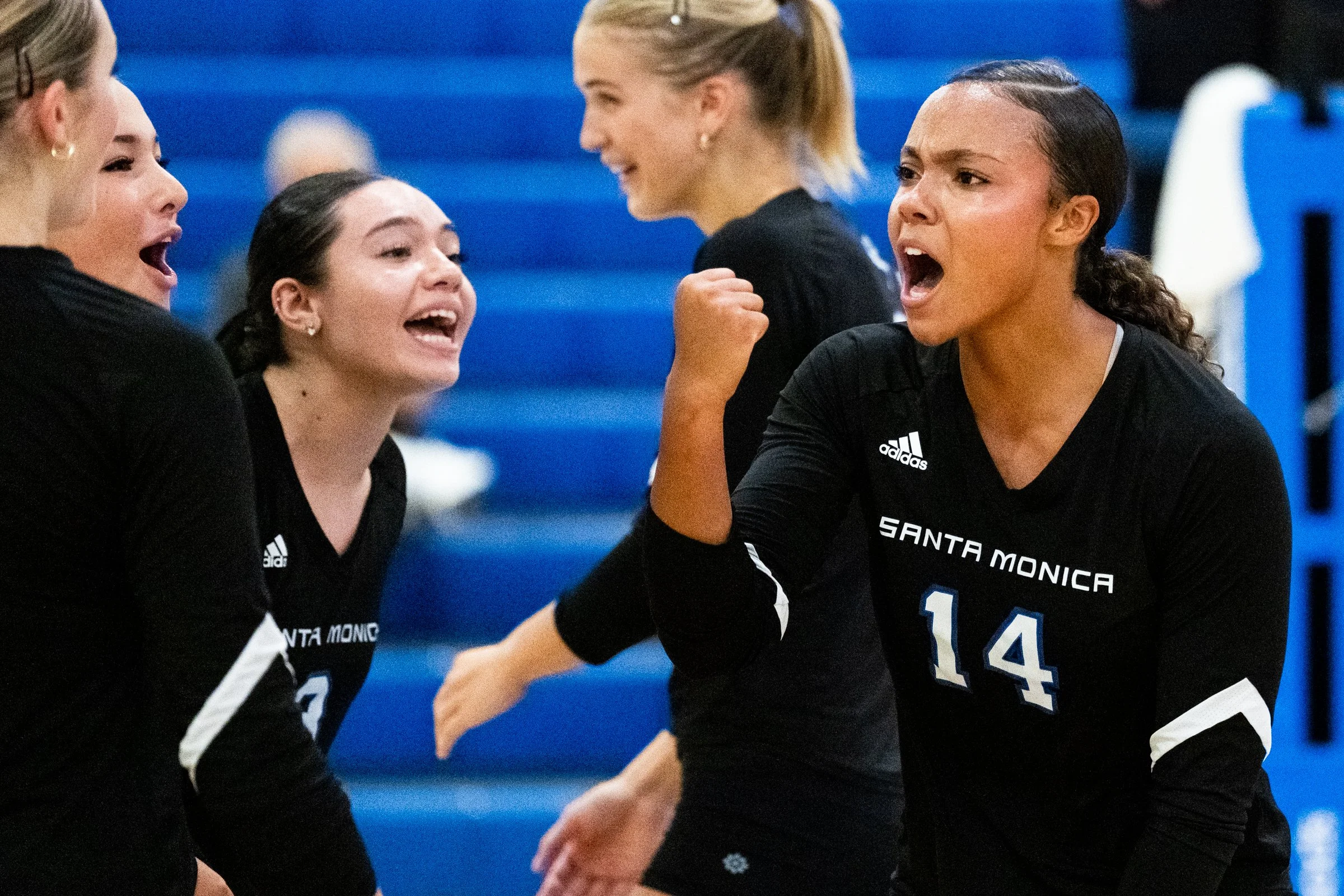  Santa Monica College (SMC) Corsairs Women’s Volleyball Outside Hitter, Opp Quinci Wilder (14) excited after a point during a game against Orange Coast Pirates in Santa Monica on Friday, Sept 11, 2026. Corsairs win with 3 straight sets. (Jason Purisi
