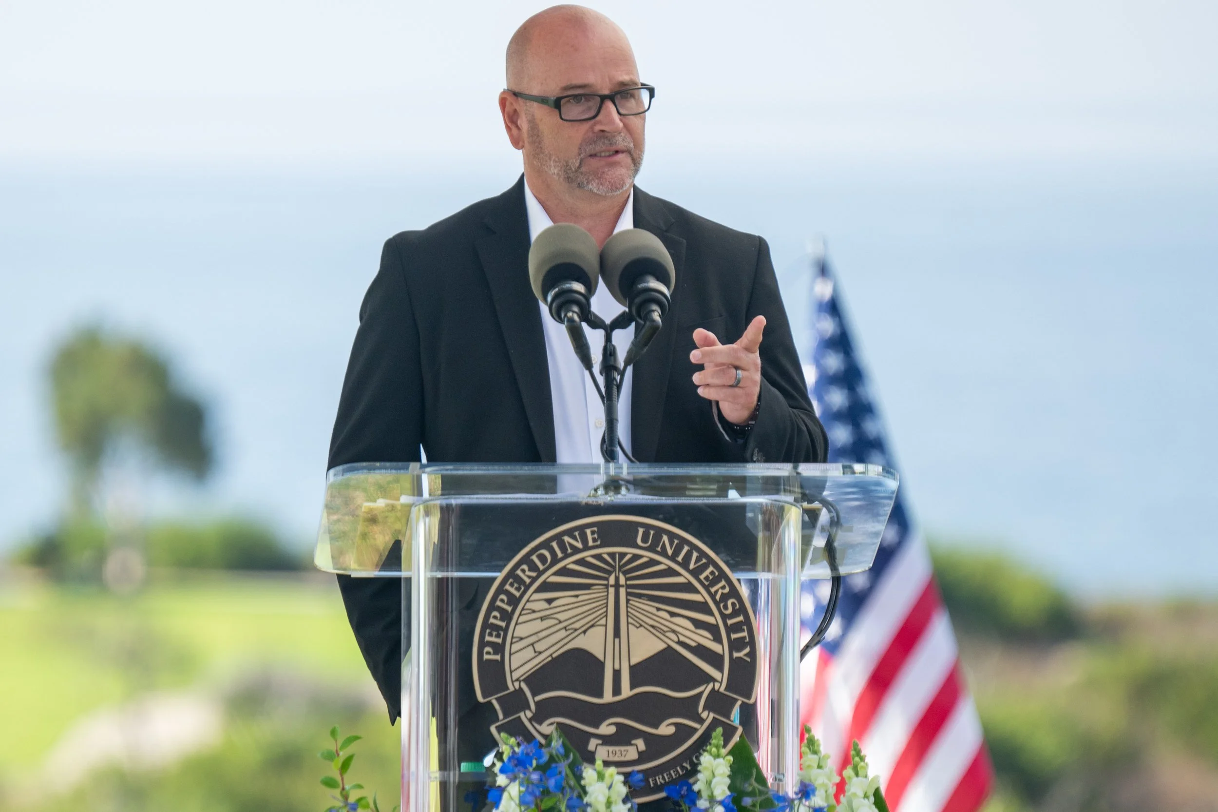  Retire Major of the Oklahoma City Fire Department Chris Fields give the keynote address at the Pepperdine University Waves of Flags 9/11 Rememberance Ceremony at Alumni Park on Friday, September 11, 2026, Malibu, Calif.  Fields worked the 1995 Oklah