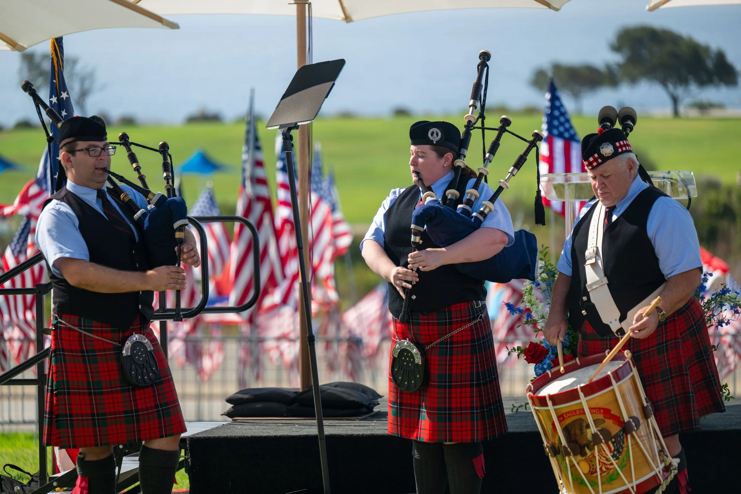  Bagpipe trio plays Amazing Grace at the end of the Waves of Flags the 9/11 Ceremony at Pepperdine University Alumni Park on Friday, September 11, 2026, Malibu, Calif.. (Tom Rosholt | The Corsair) 