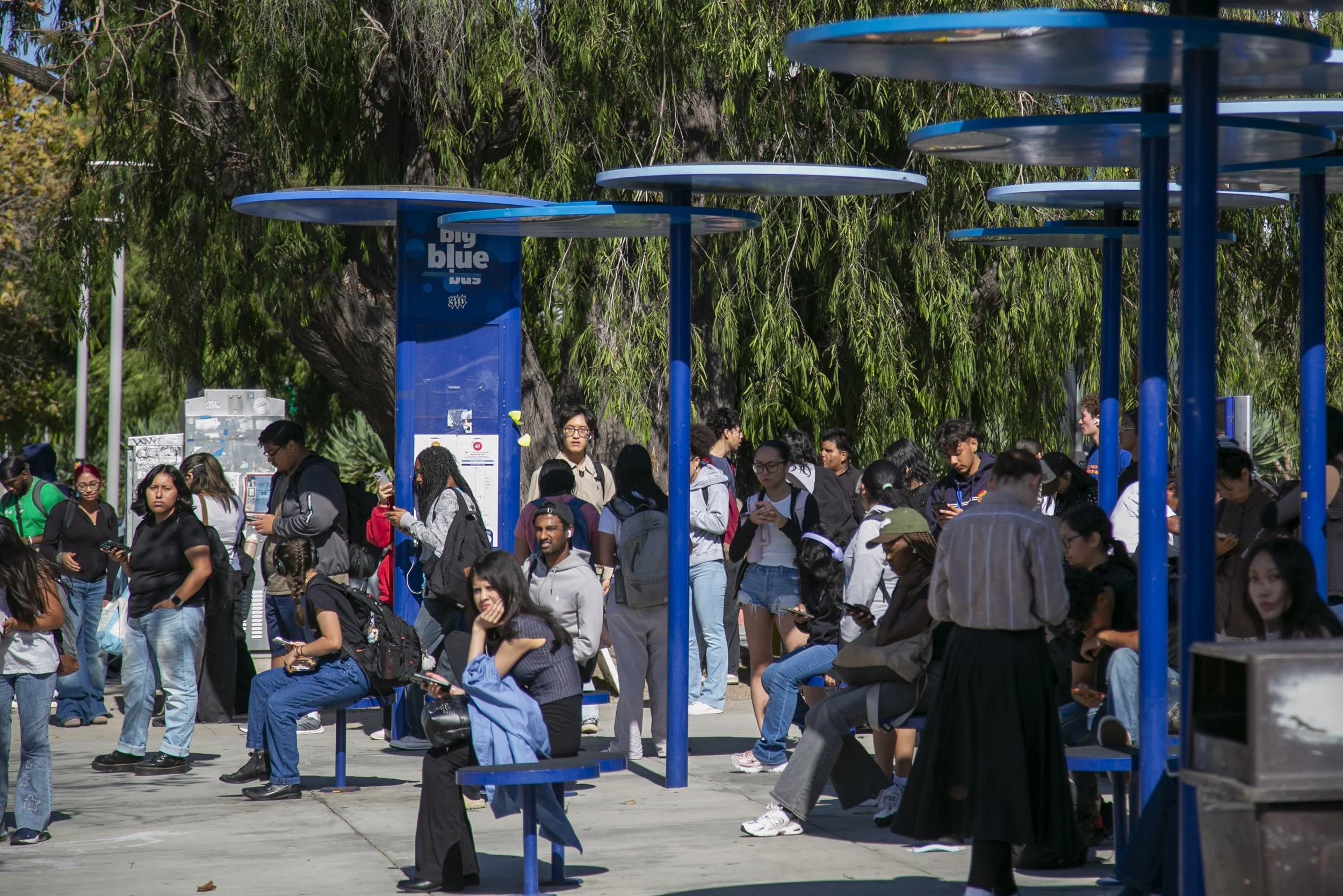  Santa Monica College (SMC) Students waiting at a bus stop while buses are being diverted away from the stop during a dumpster fire at the SMC Main Campus on Pico Blvd, Santa Monica, Calif. The fire ignited by a lit cigarette, burning the trash insid