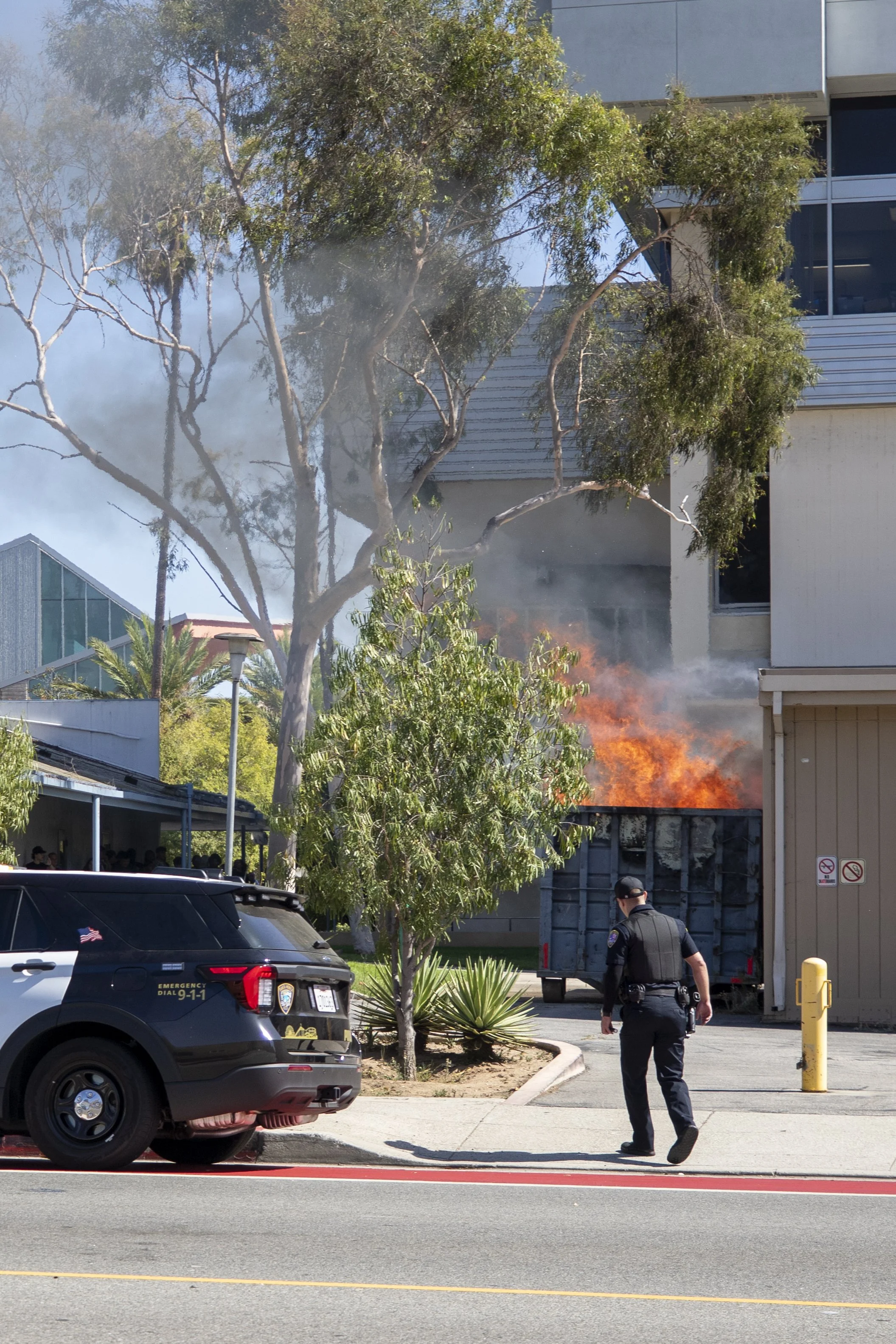  A dumpster ignited at Santa Monica College's main campus at around 2:45 Thursday, September 17, 2026. Police arrived about five to ten minutes later along with fire fighters. The blaze was speculated by campus police to be caused by a cigarette. (De
