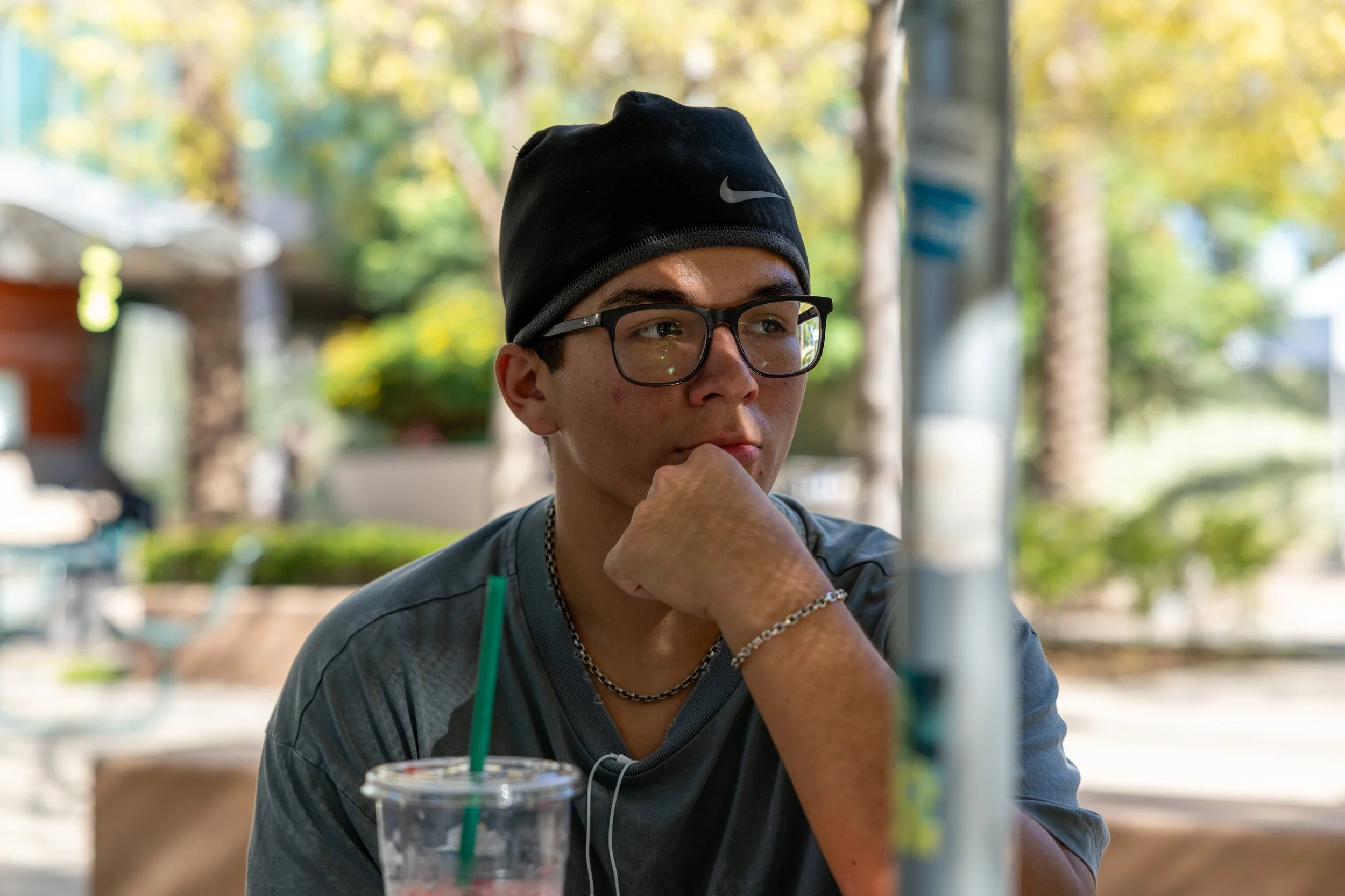  Kameron Hood, 19, Accounting Major, discussing his opinions on Charlie Kirk, one year after his death, taken at Santa Monica College, Santa Monica, Calif. Thursday, September 10th, 2026. Hood, expressed sympathetic views while indulging in a Starbuc