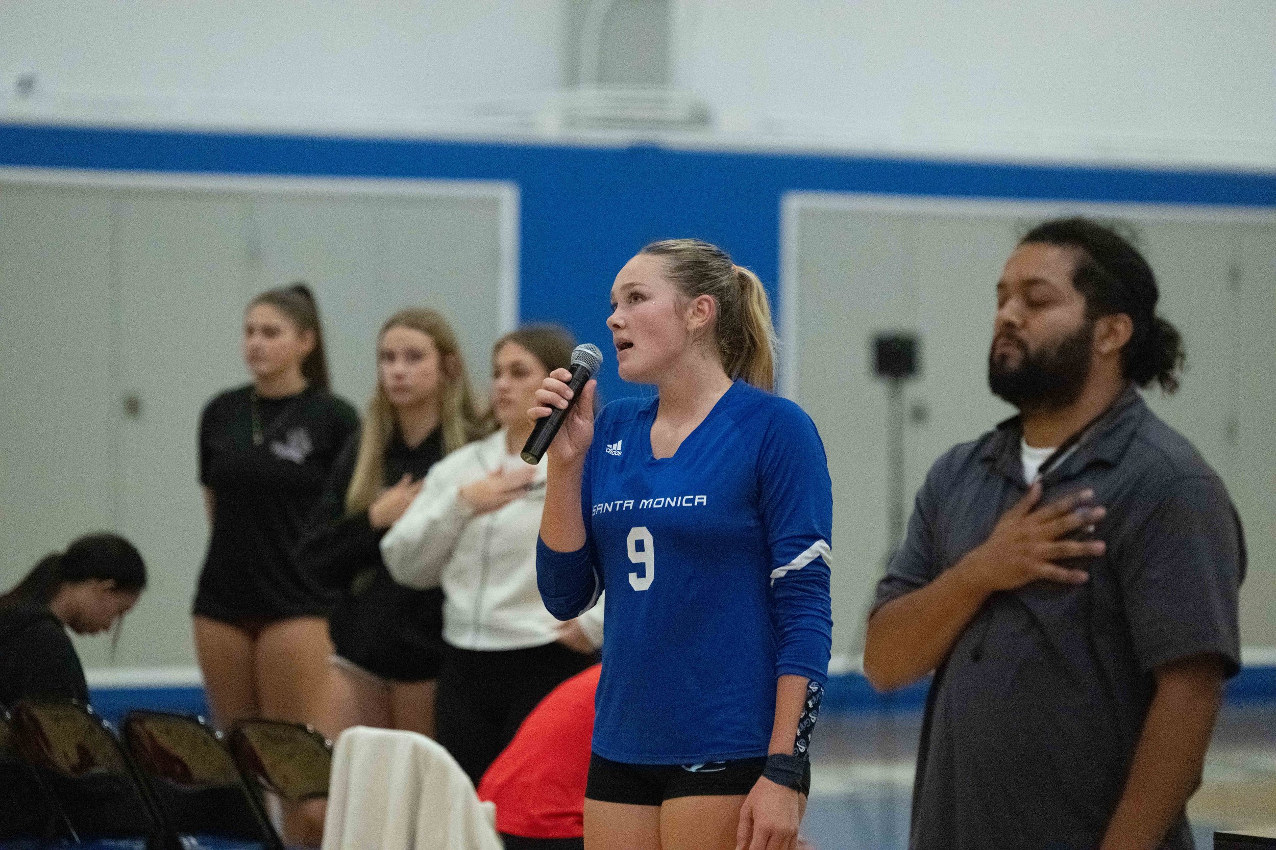  Santa Monica College (SMC) Corsair Lucy White (9) sings the National Anthem before the game with the Santa Barbara City College Vasqueros on Wednesday, September 23, 2026, Santa Monica, Calif. The Corsair won 1-0 . The Corsairs defeated the Vaqueros