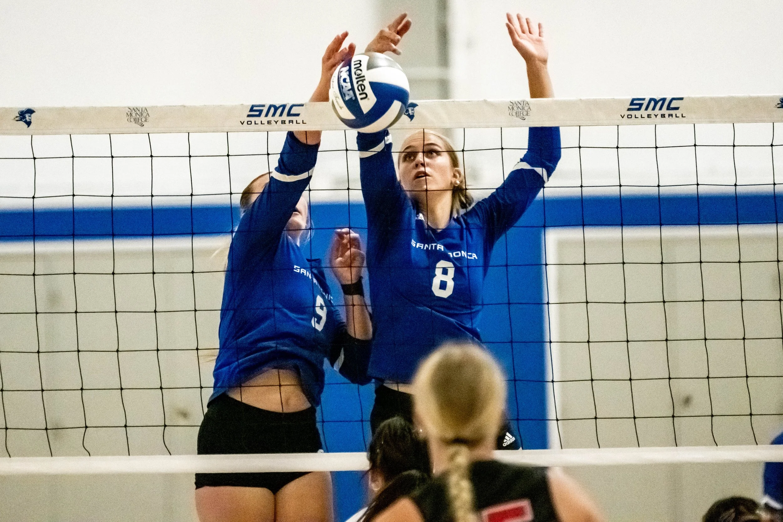  Santa Monica College (SMC) Corsairs (L) Lucy White (9) and (R) Anna Hockett (8) block the shot of Santa Barbara City College Vasqueros during the gaem  on Wednesday, September 23, 2026, Santa Monica, Calif. The Corsair won 1-0 . The Corsairs defeate