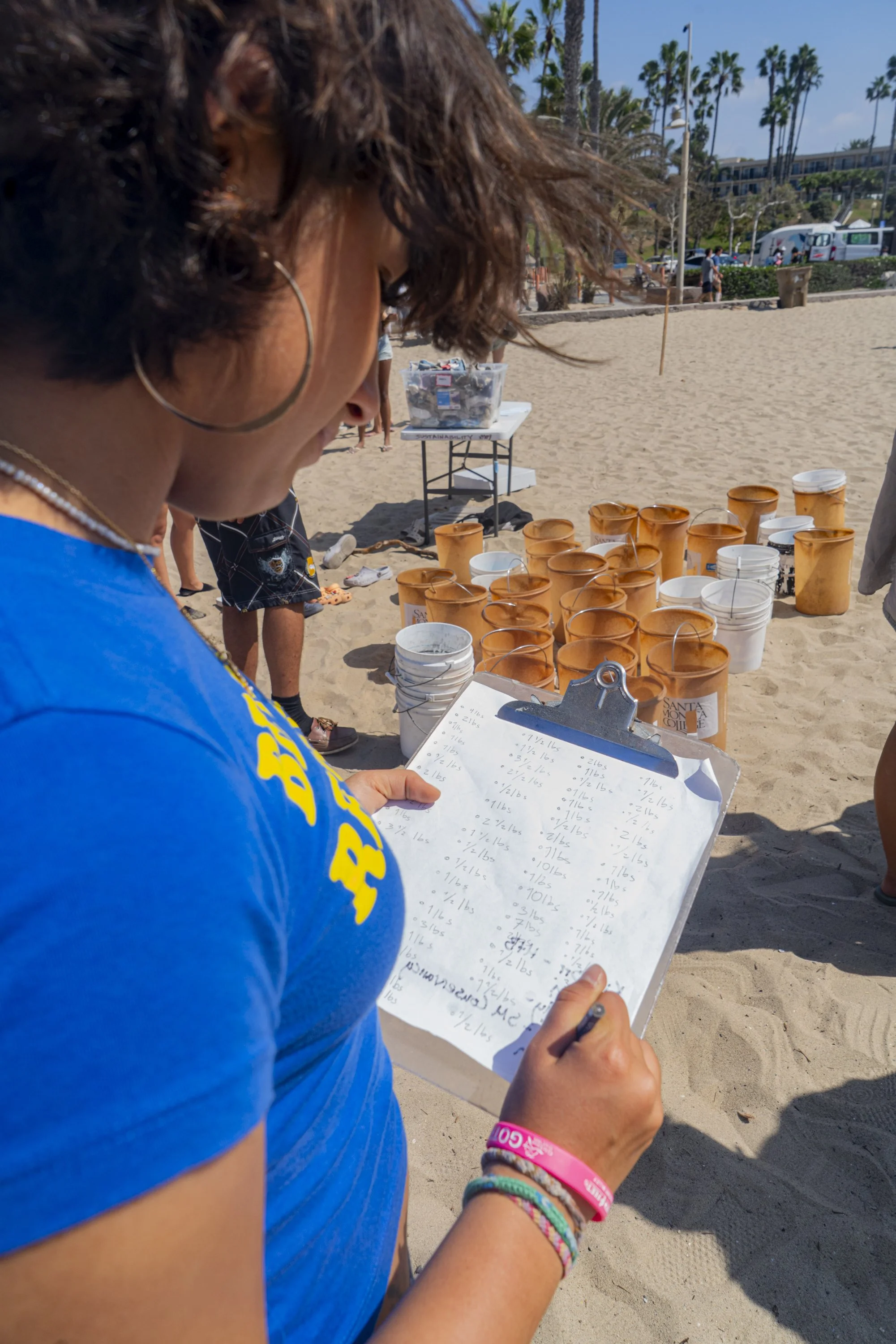  Santa Monica College (SMC) student volunteer Alice Amorim recorded each individual buckets weight, Amorim estimated that the total collected trash to weigh 60 pounds or more at the annual coastal cleanup in Santa Monica, Calif., Saturday Sept. 19, 2