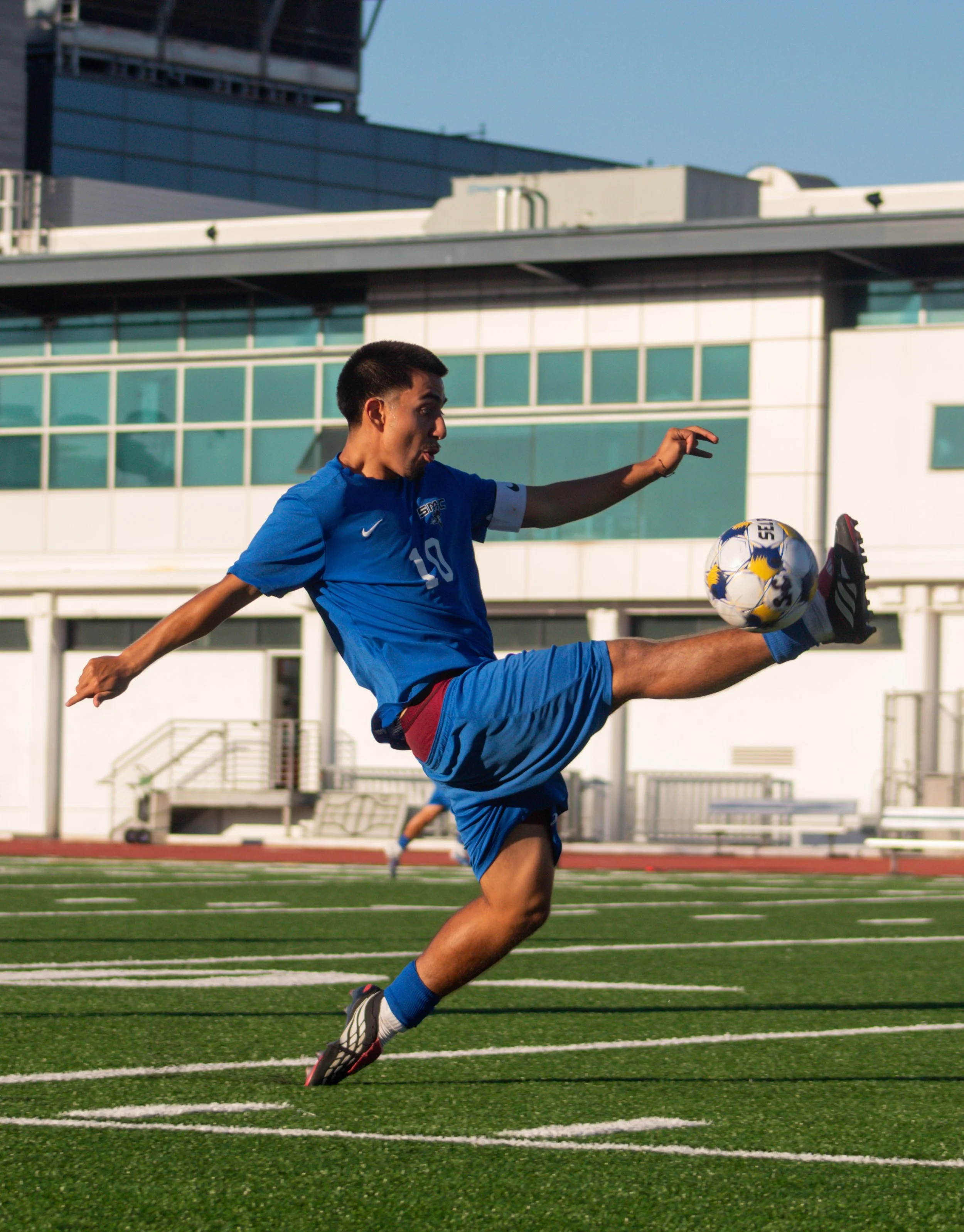  Santa Monica, Calif. -- Santa Monica College midfielder and team captain Anthony Lopez (110) showcases great ball control by cushioning a high pass out of the air during a home match against Rio Hondo College on Tuesday, Sept. 29, 2026. The sophomor