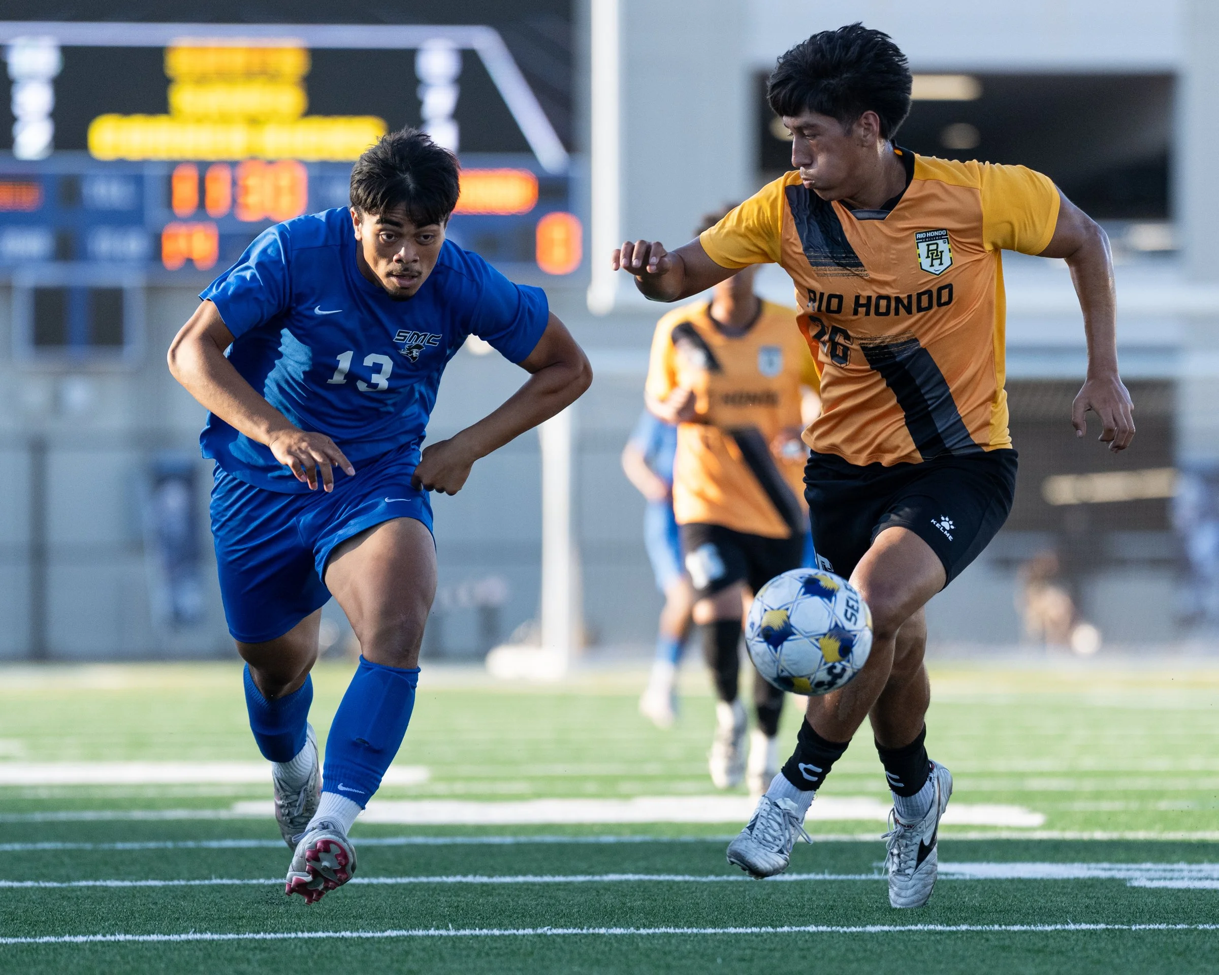  SANTA MONICA, Calif. —  The Santa Monica College Corsairs Noah Johannes (13) with chase down of the long ball. Johannes (13) scored a goal in the second half of the matchup. Corsairs defeated the Rio Hondo College Roadrunners 5-0 in men's soccer on 