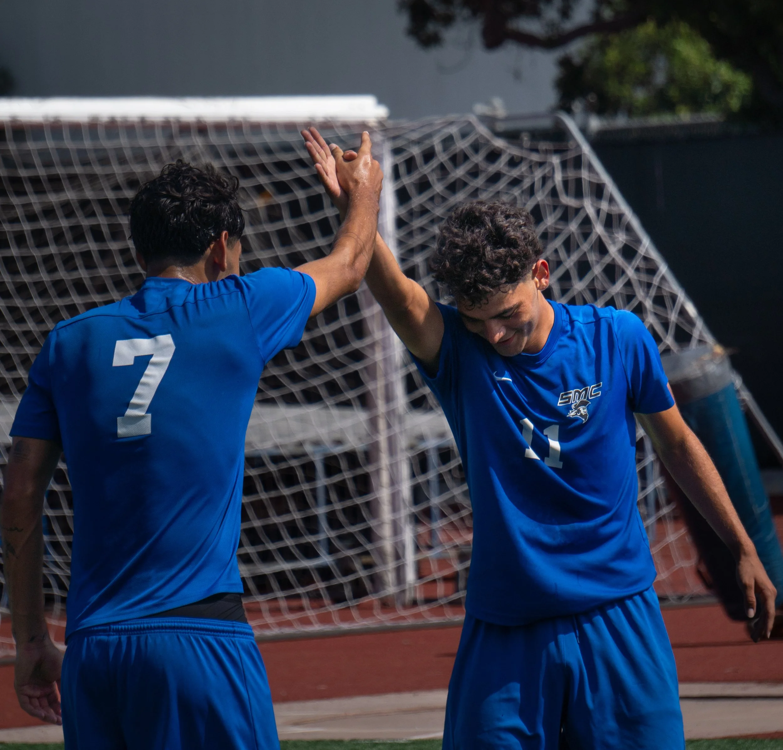  Santa Monica College (SMC) forward Miguel Cano (11) and forward Santiago Veizaga celebrate together after a goal against Norco Community College in Santa Monica, Calif. on Friday, September 25th, 2026. The Corsairs tied against The Mustangs 3-3...(A